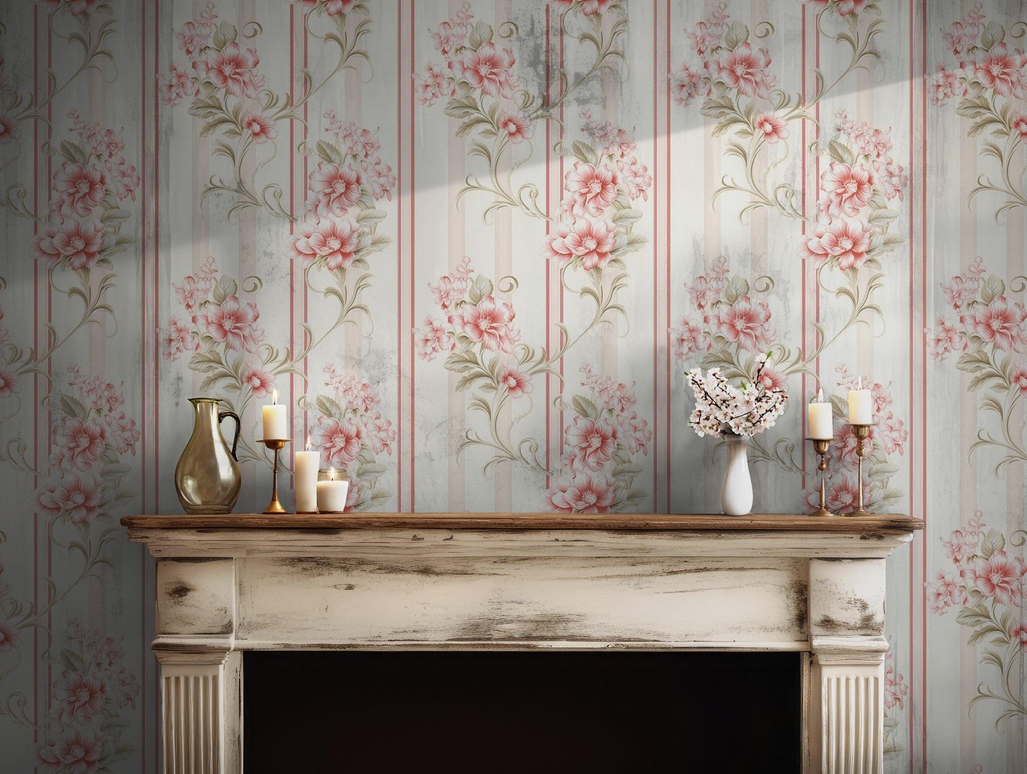 Blush Pink Flowers Wallpaper - Peel and Stick Wall Mural - Pastel Floral Botanical BV114