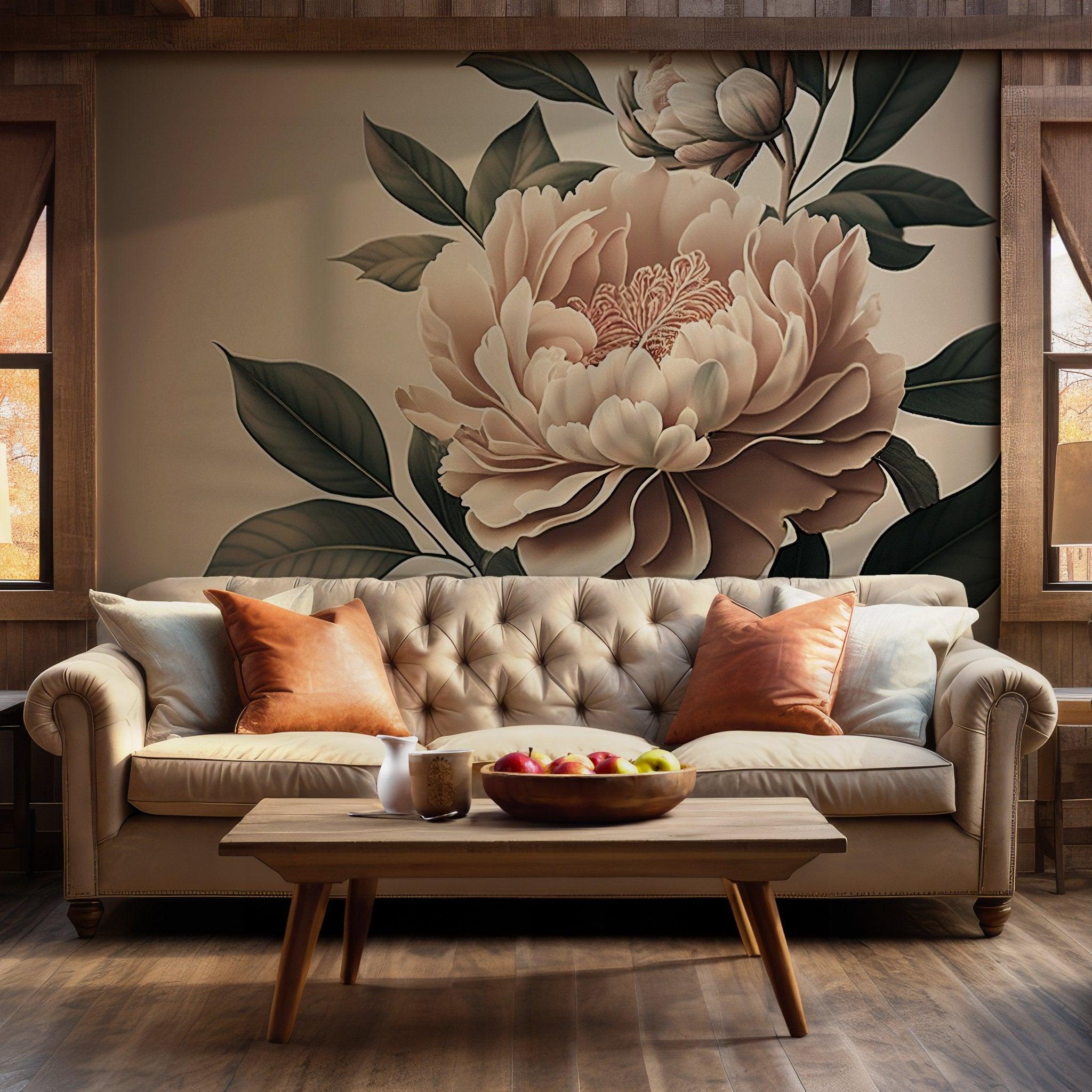 Blush Pink Peony Wallpaper - Self Adhesive Removable Mural - Watercolor Boho Floral Large Flower BV161