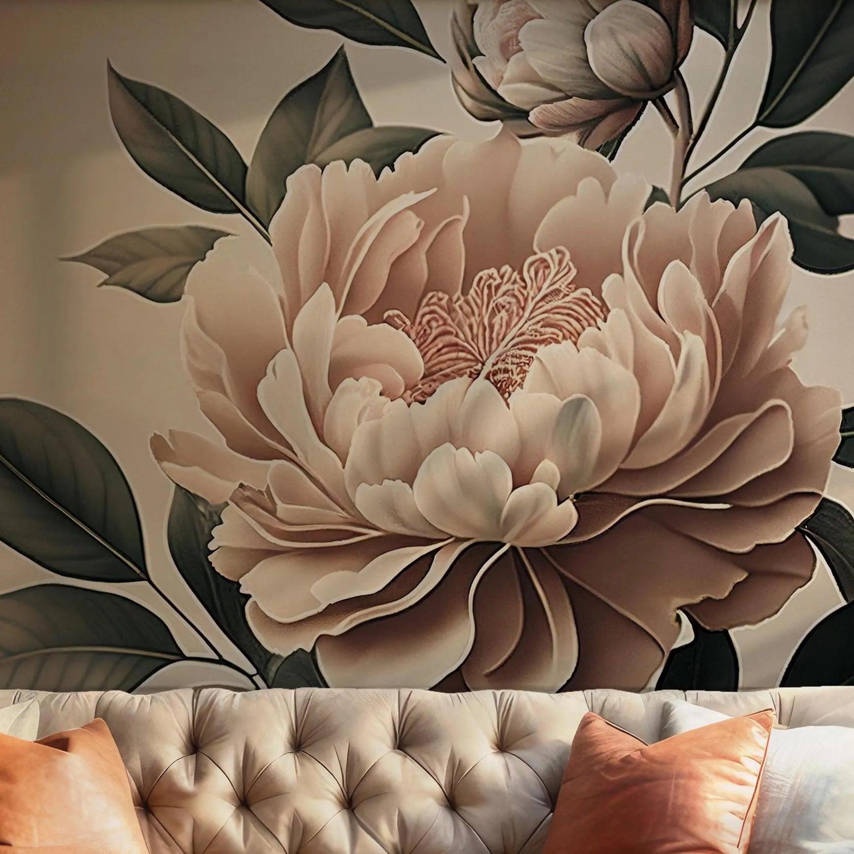 Blush Pink Peony Wallpaper - Self Adhesive Removable Mural - Watercolor Boho Floral Large Flower BV161