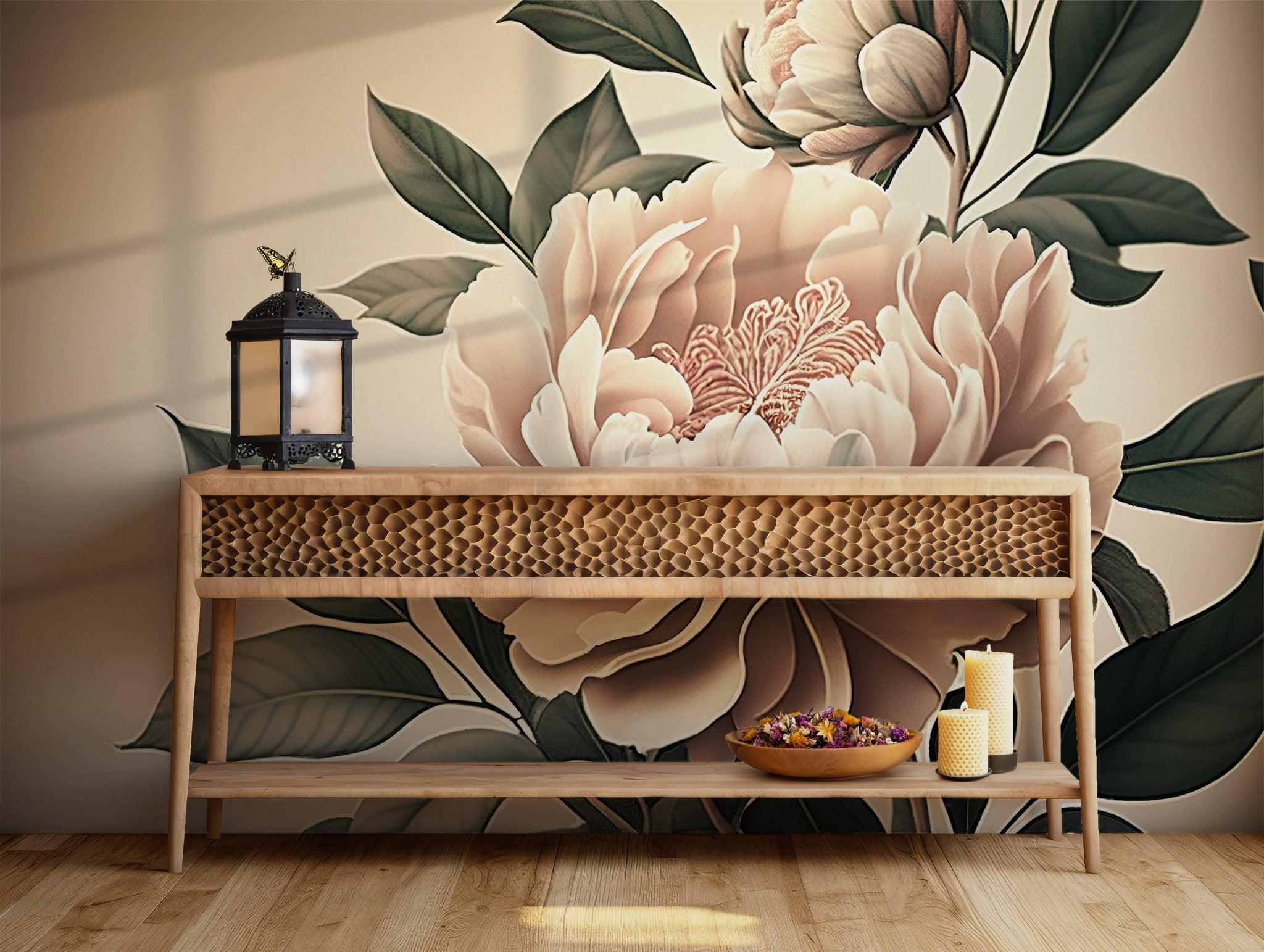 Blush Pink Peony Wallpaper - Self Adhesive Removable Mural - Watercolor Boho Floral Large Flower BV161