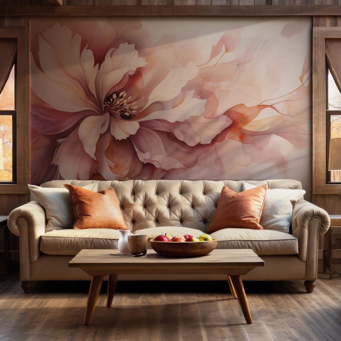 Pink Peony Removable Wallpaper - Self Adhesive Wall Mural - Watercolor Boho Floral Blush Large Flower BV164