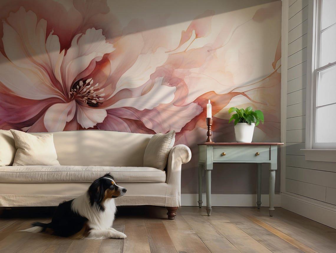 Pink Peony Removable Wallpaper - Self Adhesive Wall Mural - Watercolor Boho Floral Blush Large Flower BV164