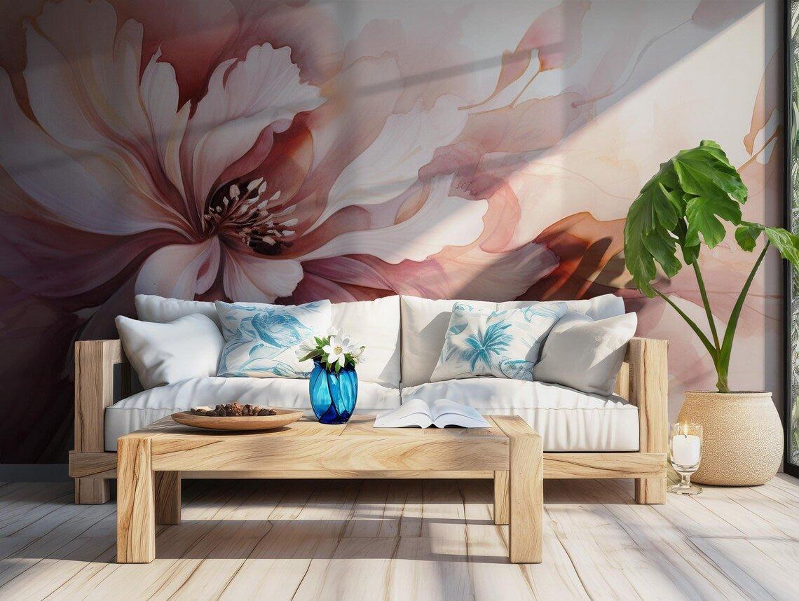 Pink Peony Removable Wallpaper - Self Adhesive Wall Mural - Watercolor Boho Floral Blush Large Flower BV164