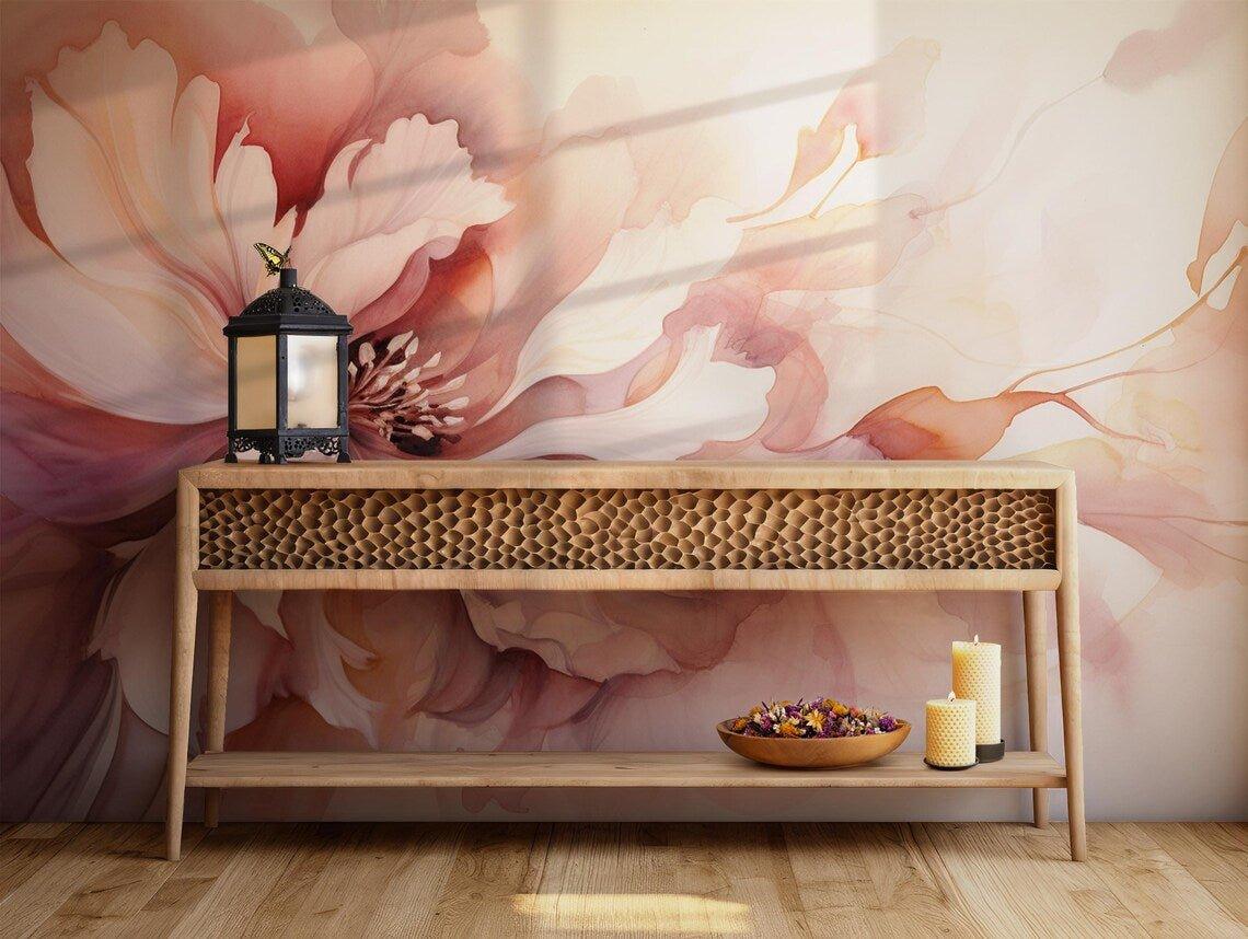 Pink Peony Removable Wallpaper - Self Adhesive Wall Mural - Watercolor Boho Floral Blush Large Flower BV164