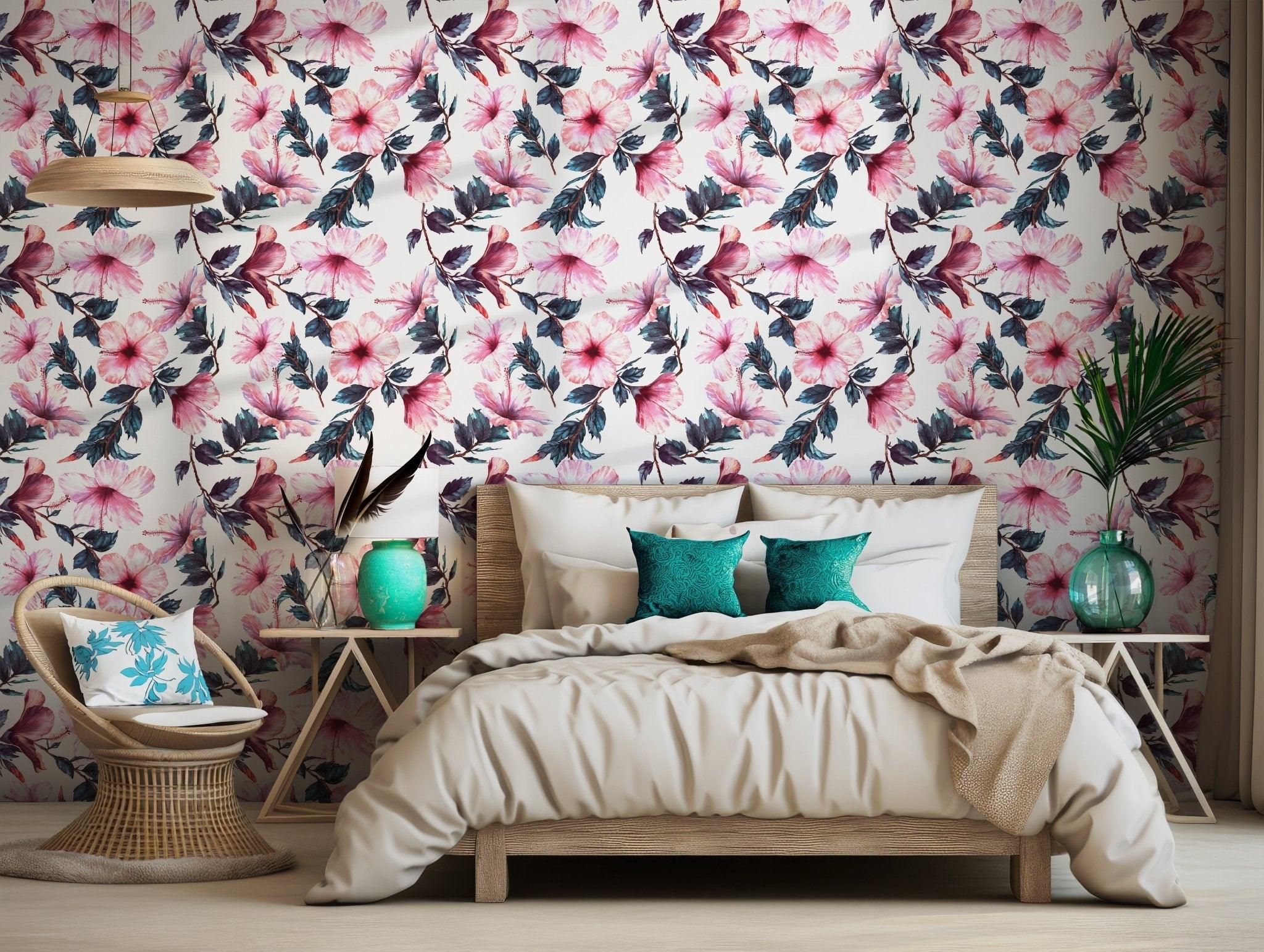 Blush Rose Wallpaper - Peel and Stick Removable - Green Leaves Pink Flower Floral BV084