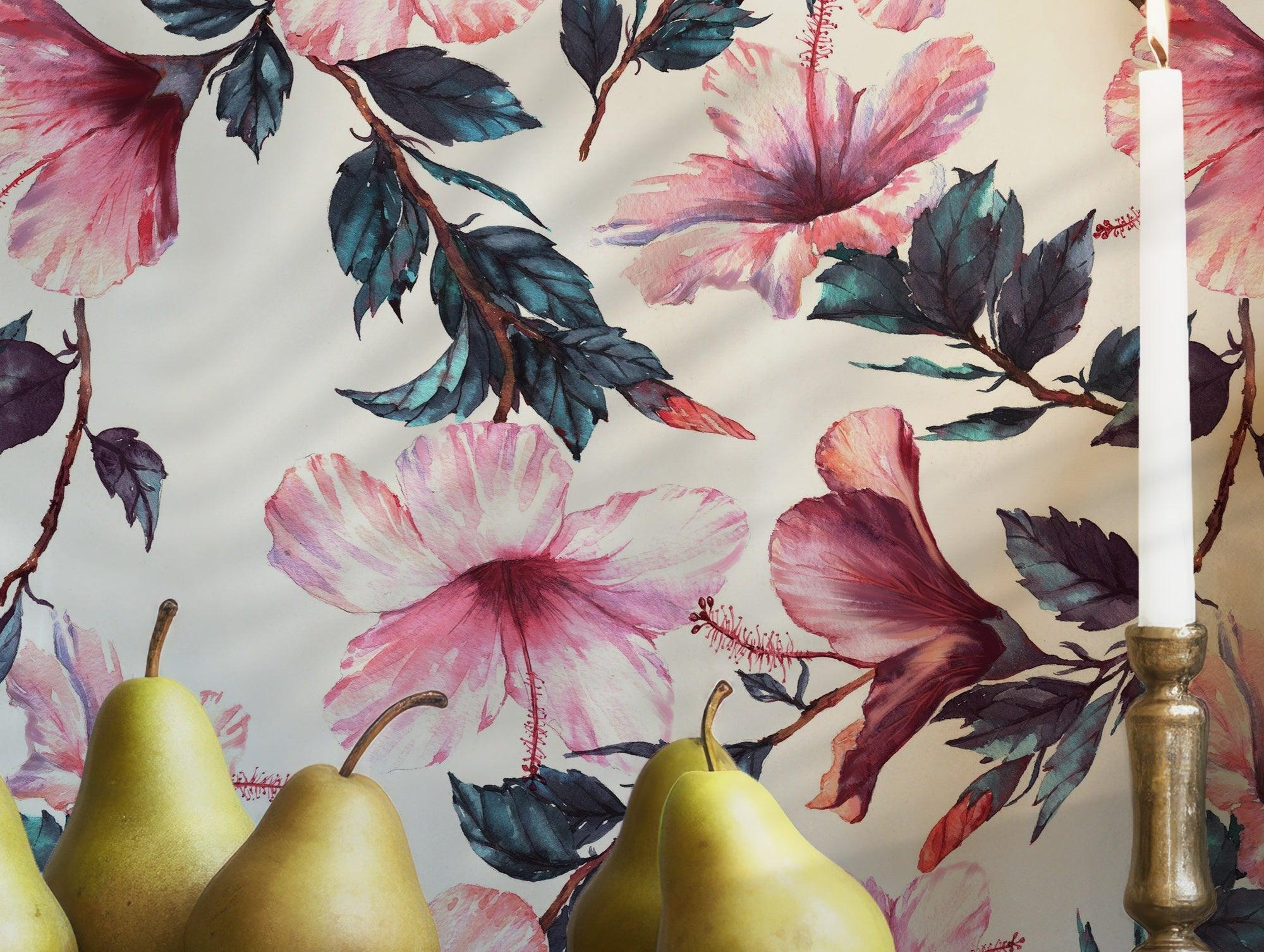 Blush Rose Wallpaper - Peel and Stick Removable - Green Leaves Pink Flower Floral BV084