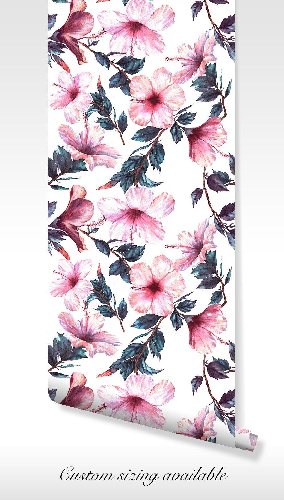 Blush Rose Wallpaper - Peel and Stick Removable - Green Leaves Pink Flower Floral BV084