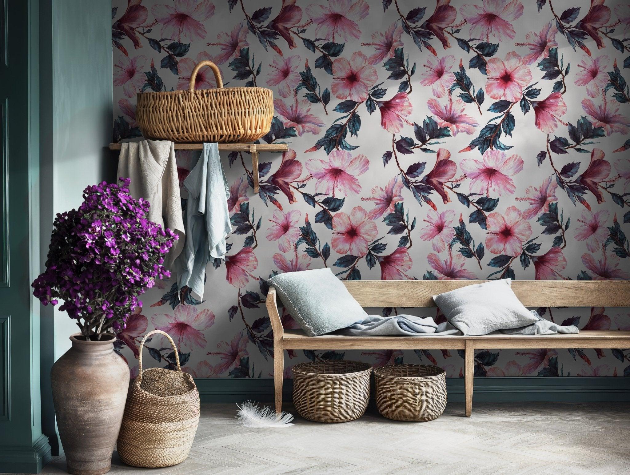 Blush Rose Wallpaper - Peel and Stick Removable - Green Leaves Pink Flower Floral BV084
