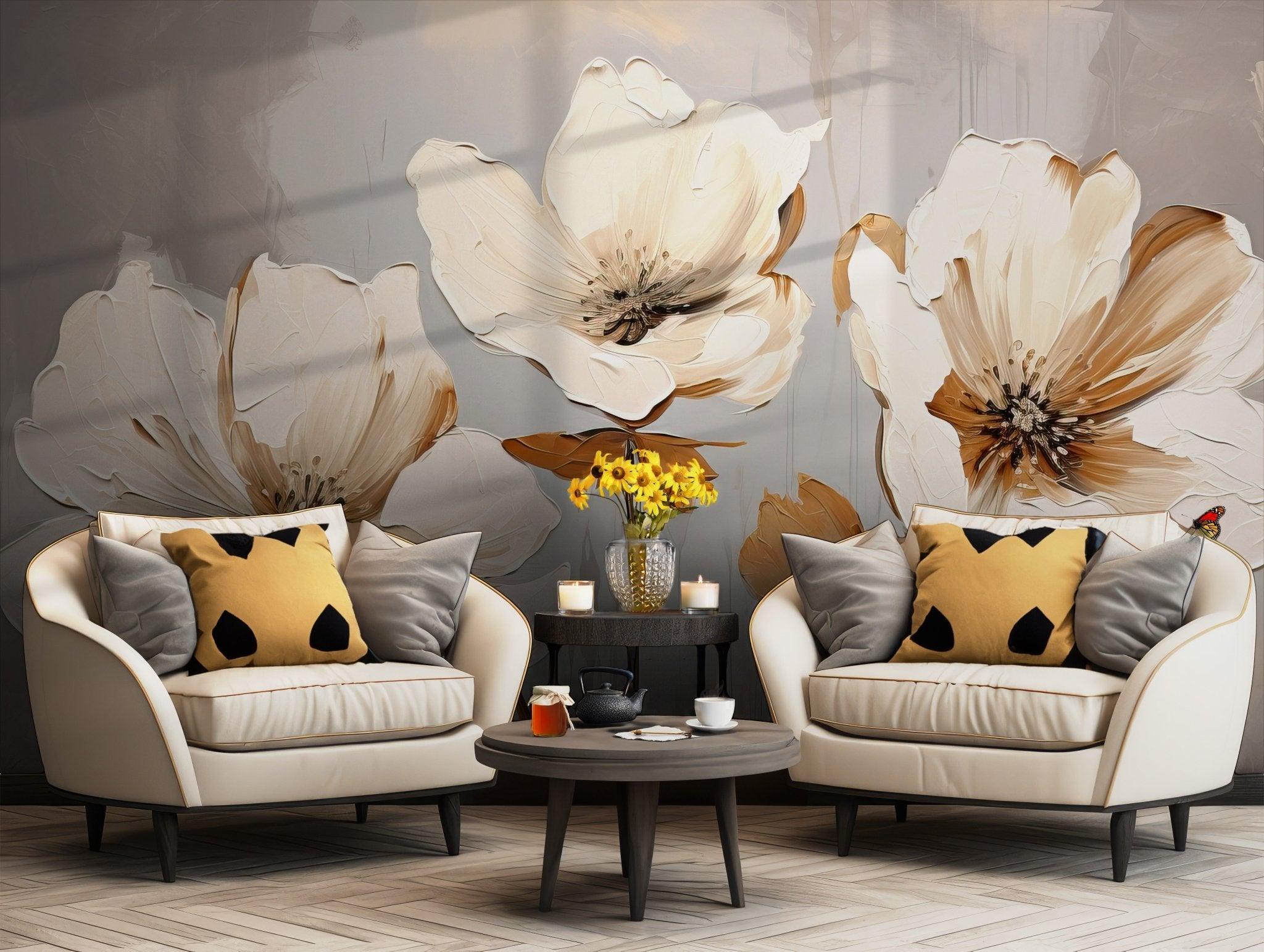 Cream-toned brushstroke flowers on soft neutral mural print for removable wallpaper ideal for bedrooms and peaceful interior design.