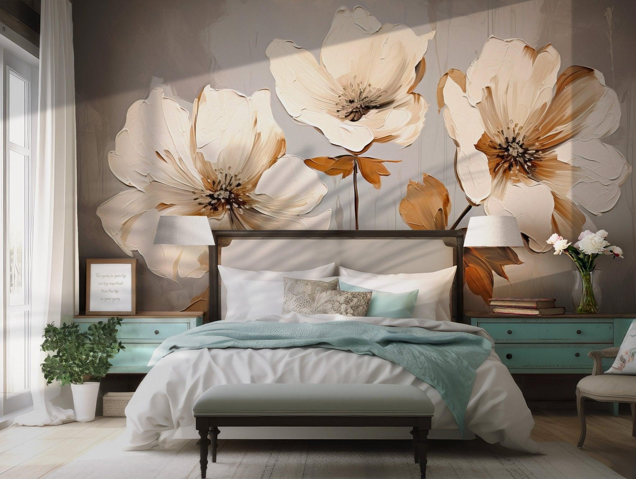Blush White Flower Wallpaper - Removable Peel and Stick Wall Decal - Leaves Floral Botanical BV169