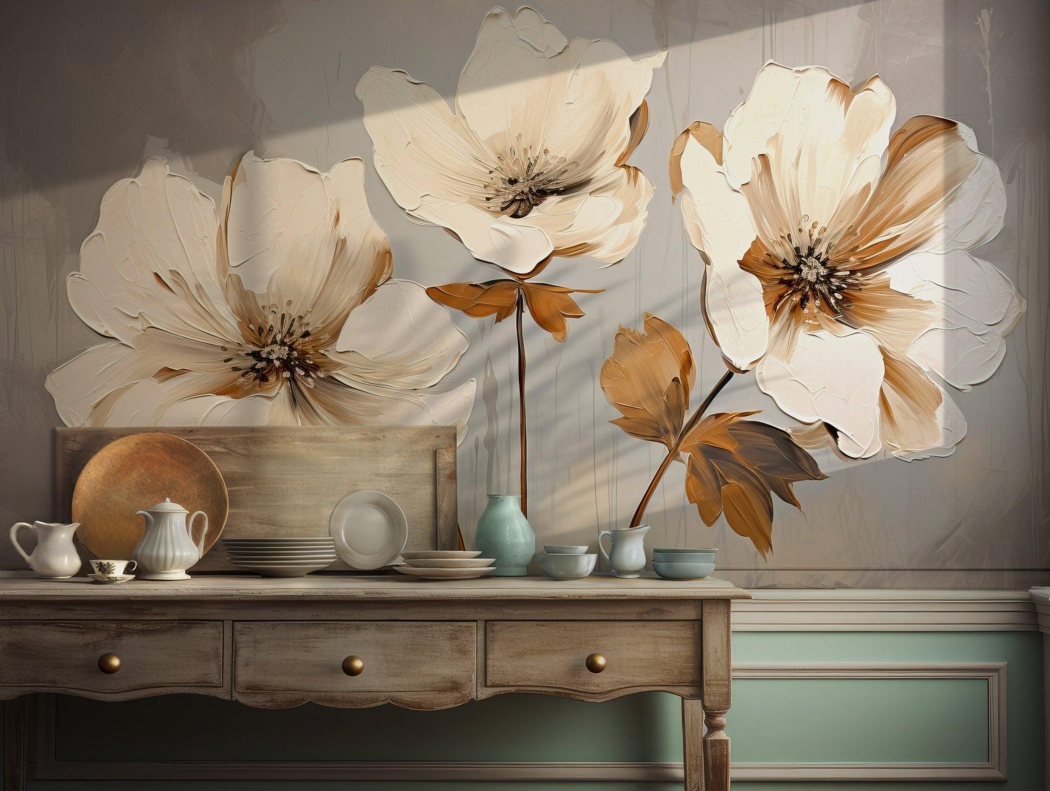 Beige floral petals on a textured mural background in a peel and stick temporary wallpaper design perfect for calm modern interiors.