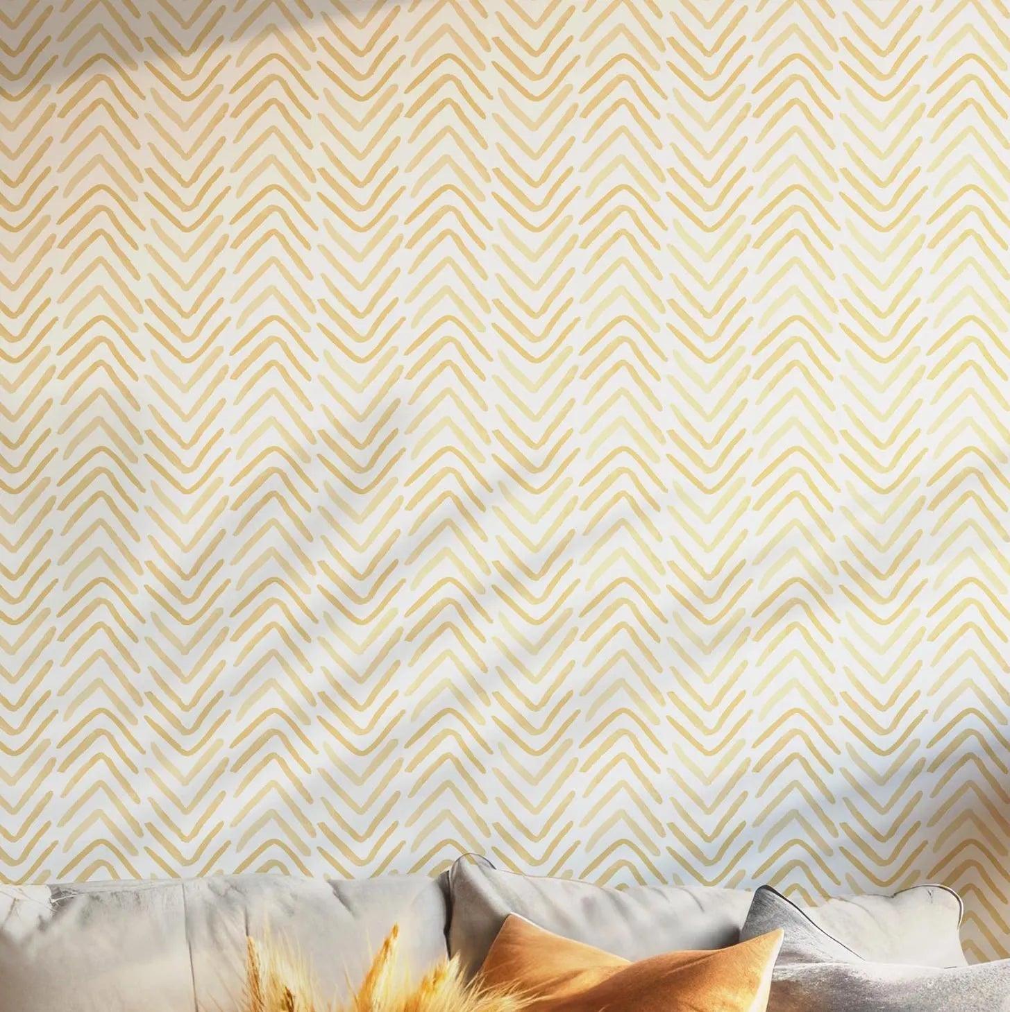 Boho Tribal Wallpaper - Self Adhesive Peel and Stick - Yellow Beige Chevron Hand Drawn Easy Contemporary BV235
