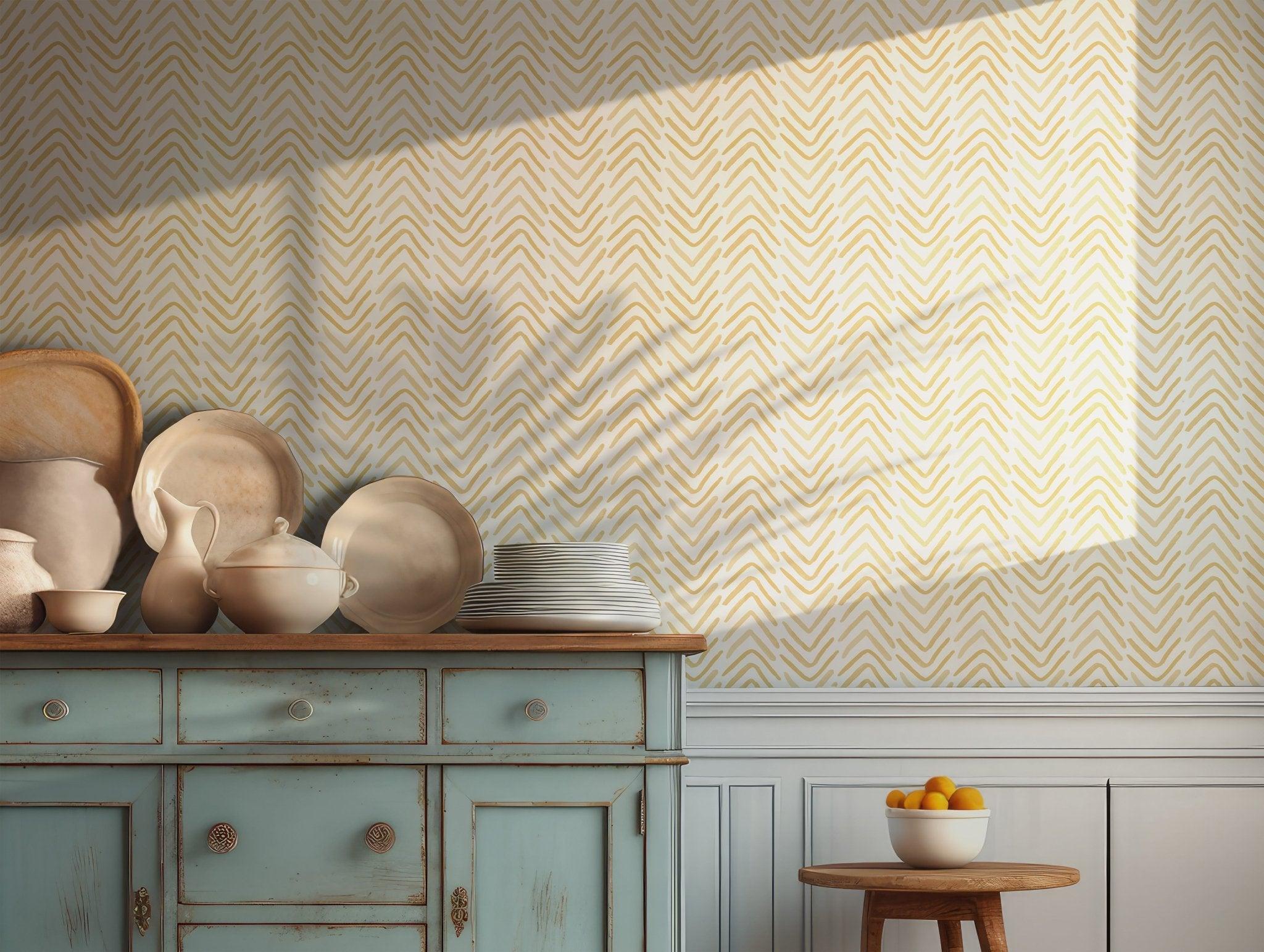 Boho Tribal Wallpaper - Self Adhesive Peel and Stick - Yellow Beige Chevron Hand Drawn Easy Contemporary BV235