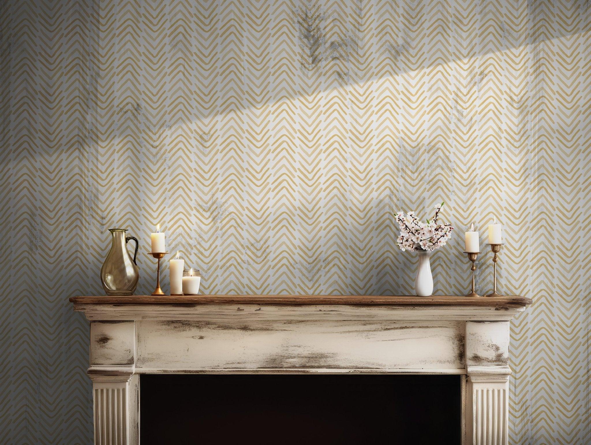 Boho Tribal Wallpaper - Self Adhesive Peel and Stick - Yellow Beige Chevron Hand Drawn Easy Contemporary BV235