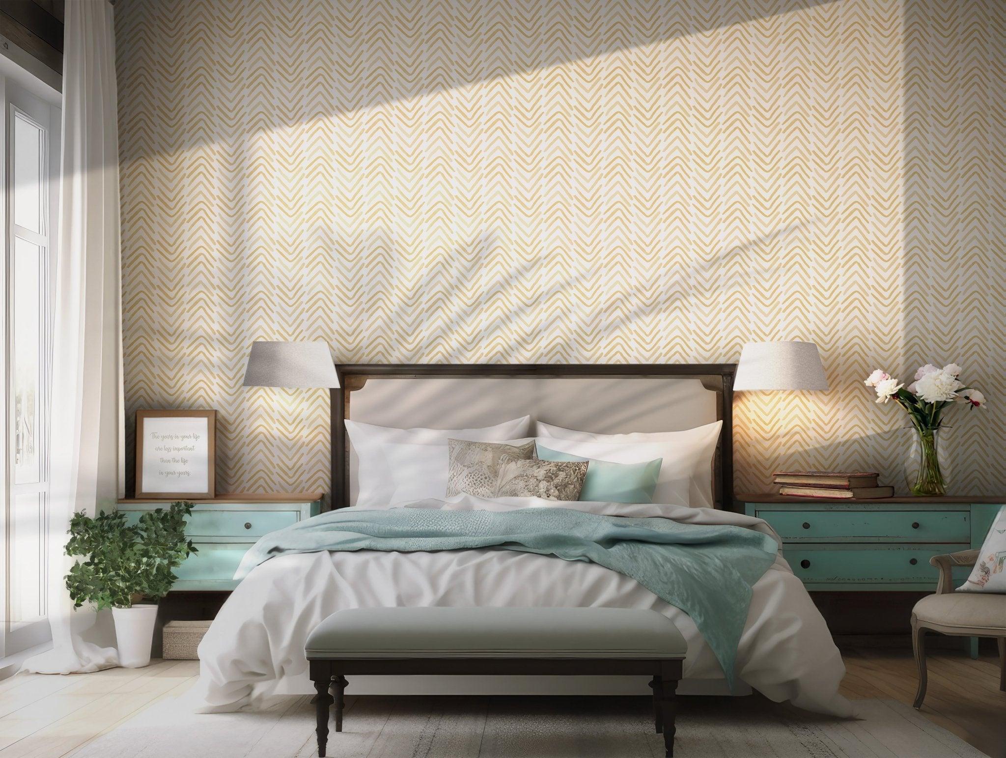 Boho Tribal Wallpaper - Self Adhesive Peel and Stick - Yellow Beige Chevron Hand Drawn Easy Contemporary BV235