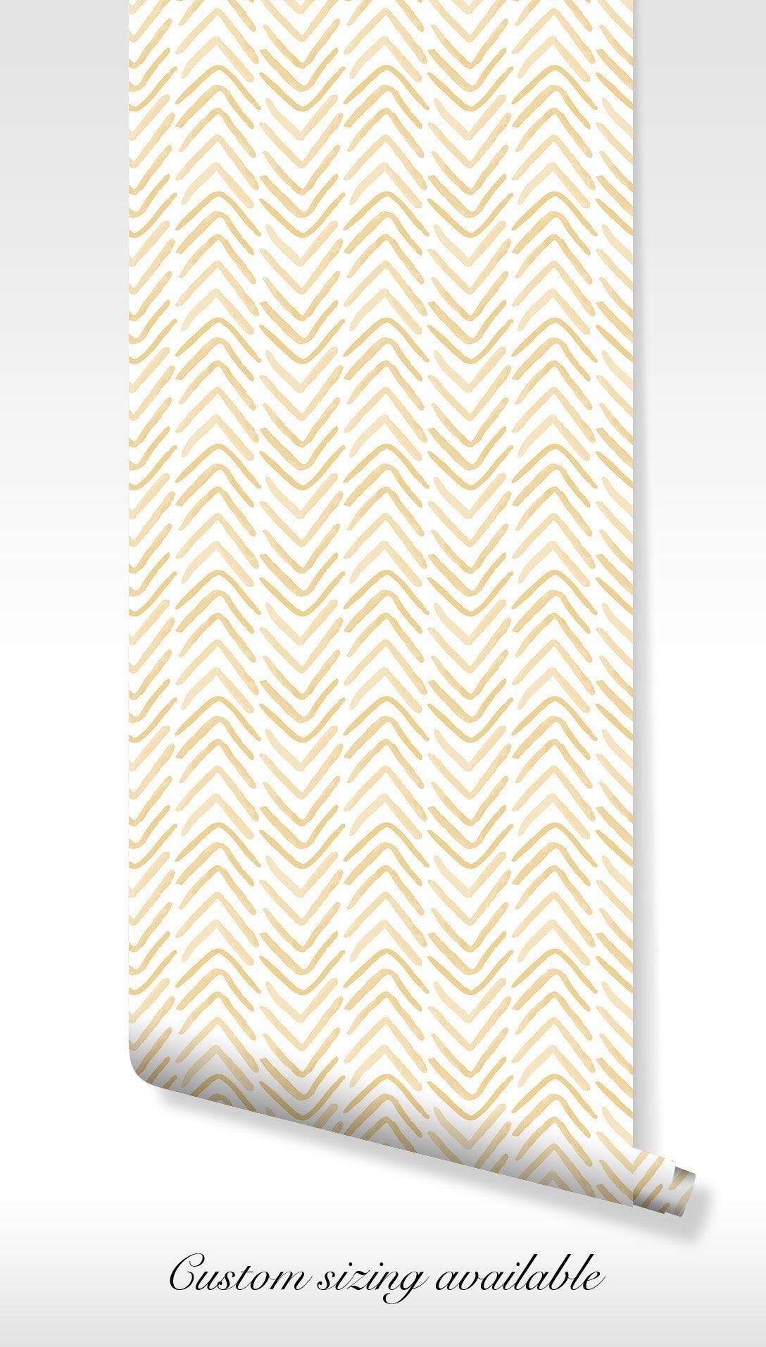 Boho Tribal Wallpaper - Self Adhesive Peel and Stick - Yellow Beige Chevron Hand Drawn Easy Contemporary BV235