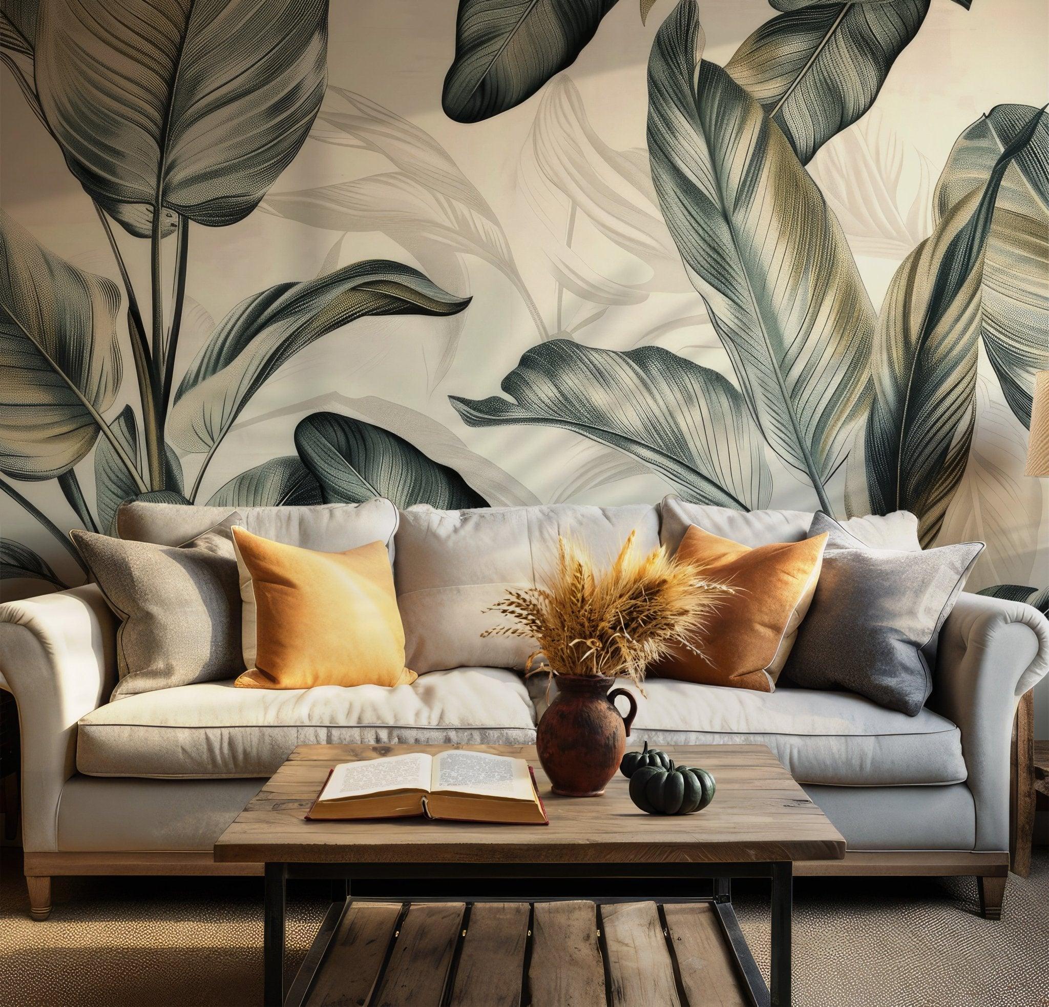Boho Tropical Green Wallpaper - Peel and Stick Wall Mural Banana Tree Leaves BV173
