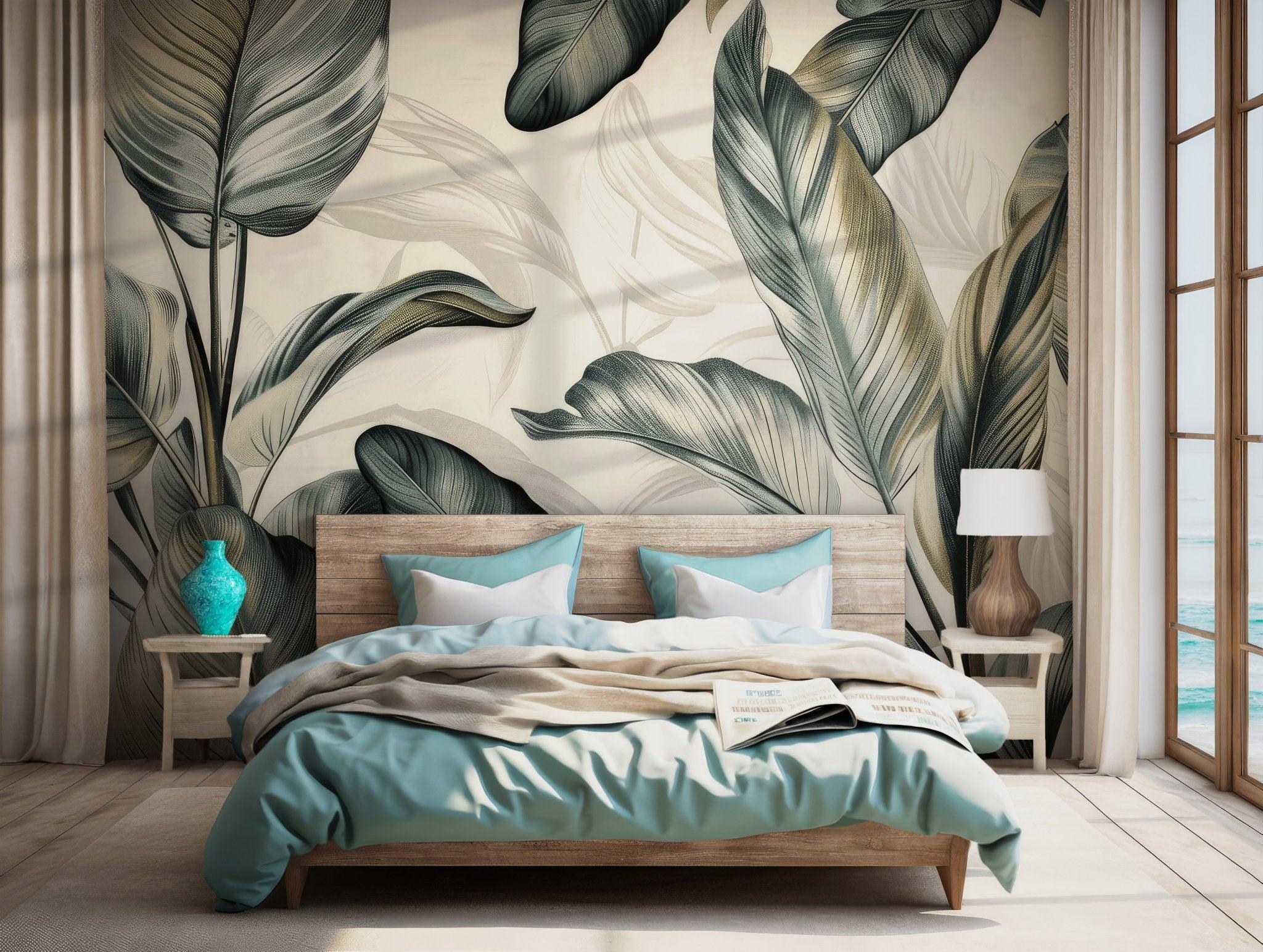 Boho Tropical Green Wallpaper - Peel and Stick Wall Mural Banana Tree Leaves BV173