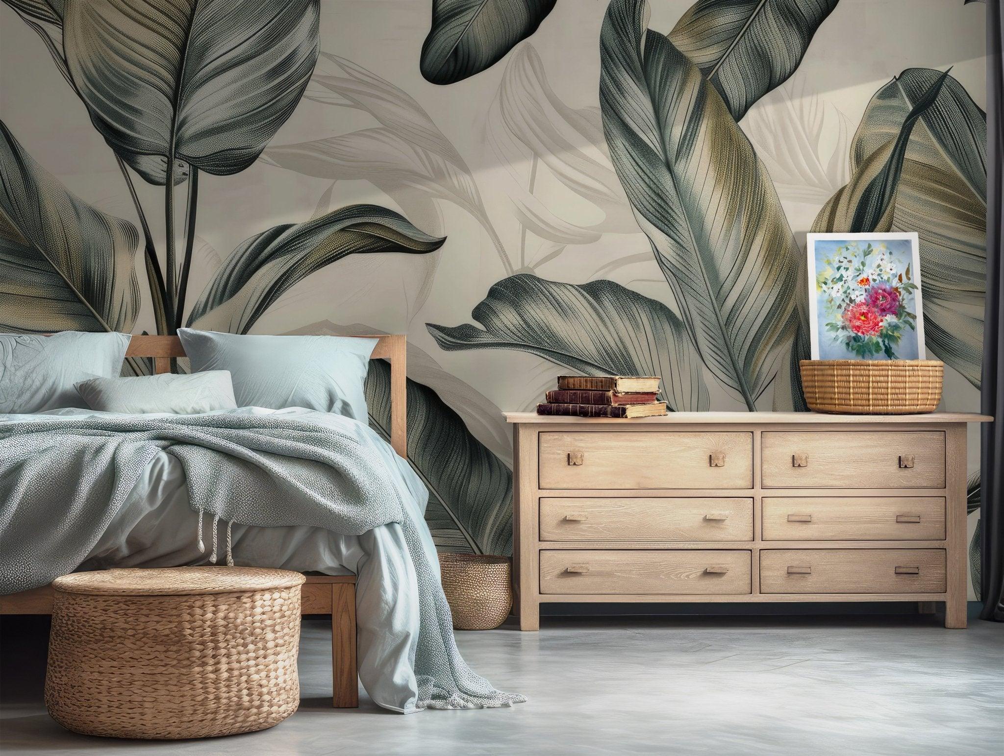 Boho Tropical Green Wallpaper - Peel and Stick Wall Mural Banana Tree Leaves BV173