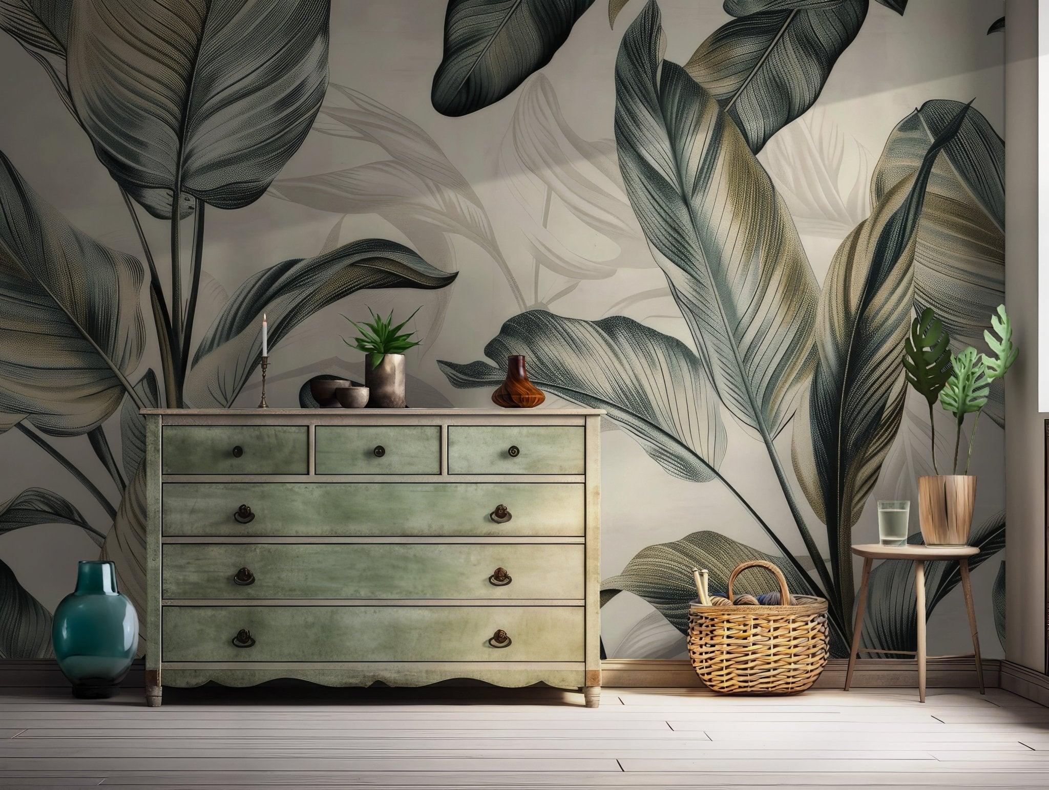 Boho Tropical Green Wallpaper - Peel and Stick Wall Mural Banana Tree Leaves BV173