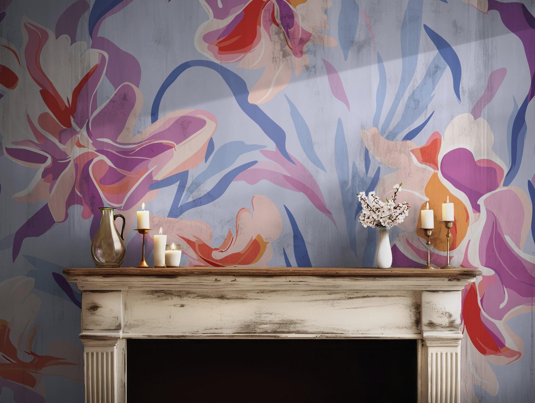 Bold Floral Brushstroke Wallpaper - Self Adhesive Wall Mural - Multicolored Abstract Accent Flower BV297