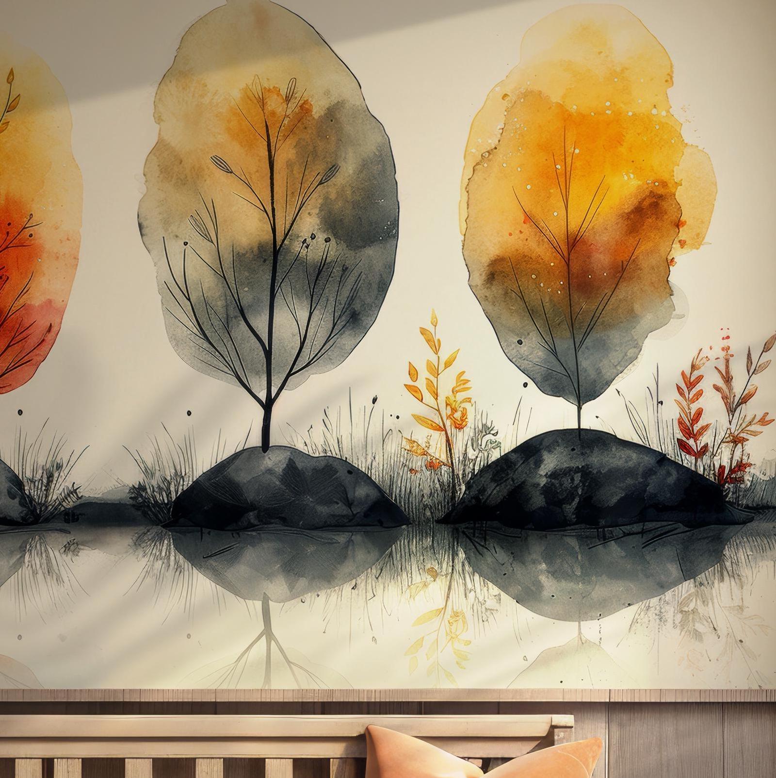 Botanical Brown Leaves Wallpaper - Peel and Stick Wall Mural - Minimalist Orange Branches Olive Green Washed BV194