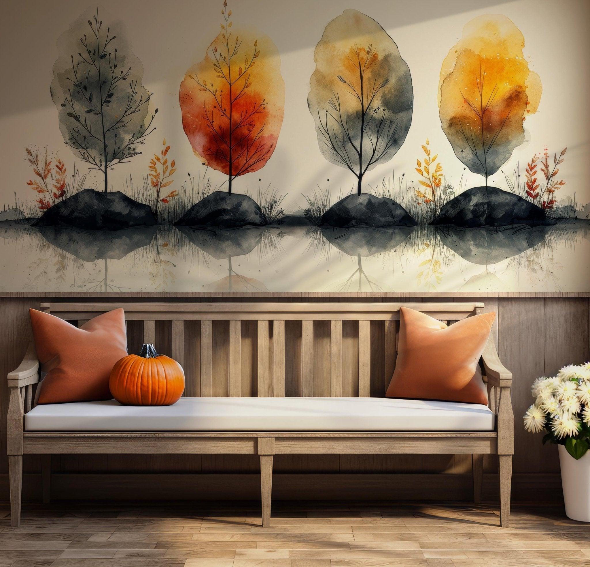 Botanical Brown Leaves Wallpaper - Peel and Stick Wall Mural - Minimalist Orange Branches Olive Green Washed BV194