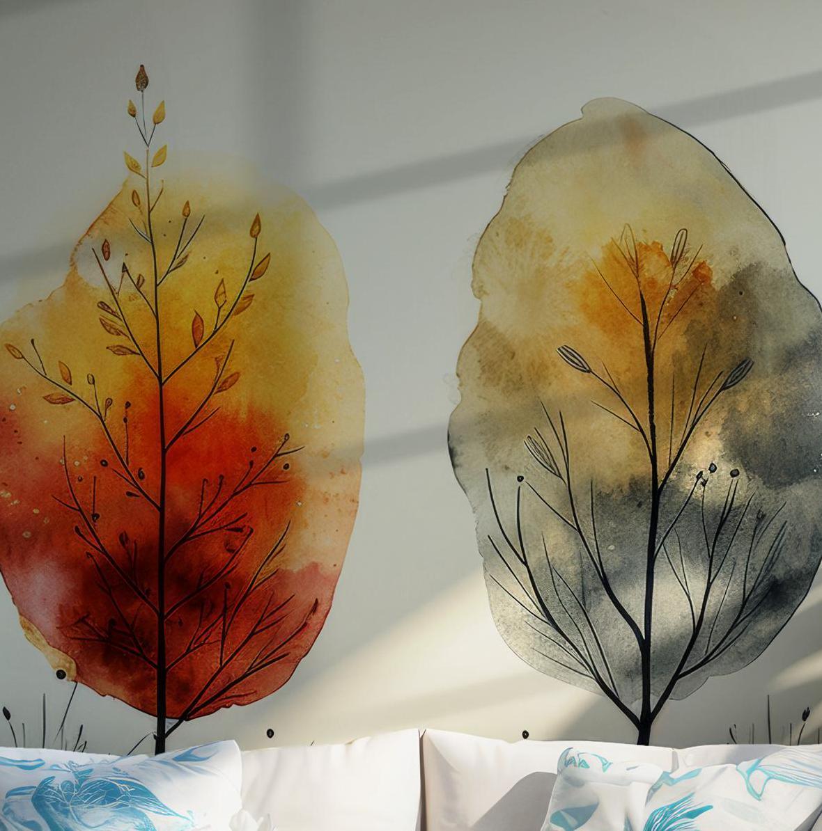 Botanical Brown Leaves Wallpaper - Peel and Stick Wall Mural - Minimalist Orange Branches Olive Green Washed BV194