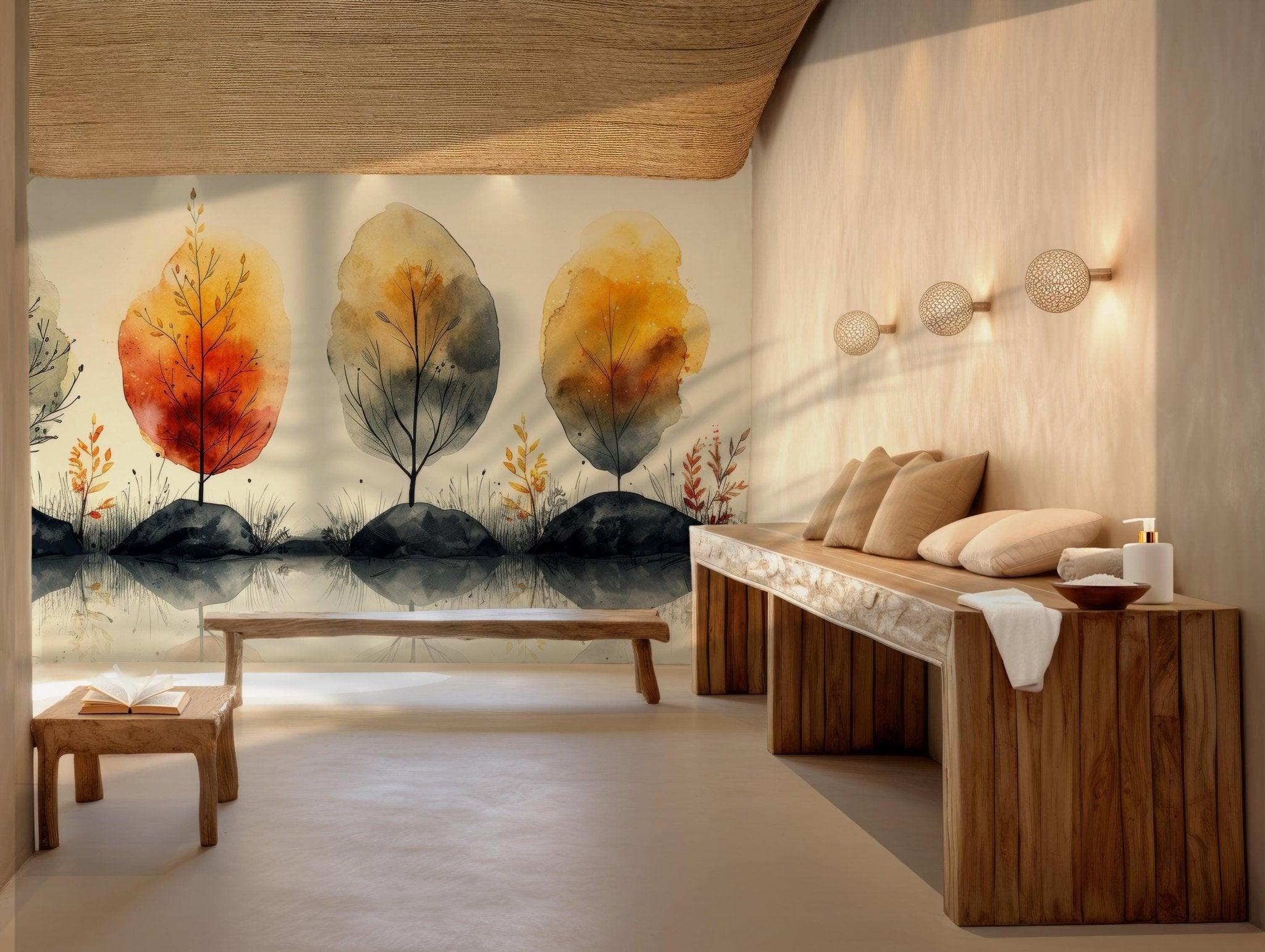 Botanical Brown Leaves Wallpaper - Peel and Stick Wall Mural - Minimalist Orange Branches Olive Green Washed BV194