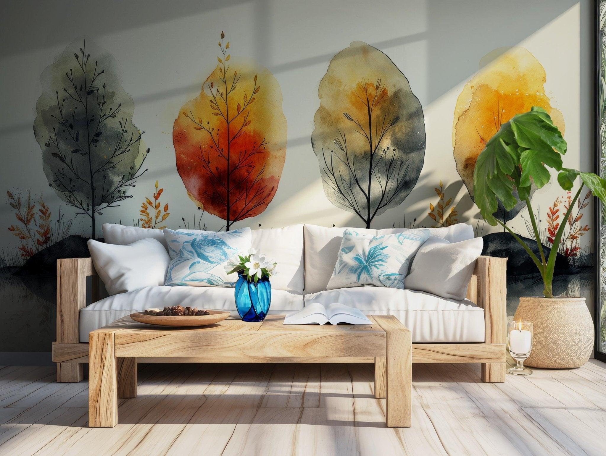 Botanical Brown Leaves Wallpaper - Peel and Stick Wall Mural - Minimalist Orange Branches Olive Green Washed BV194