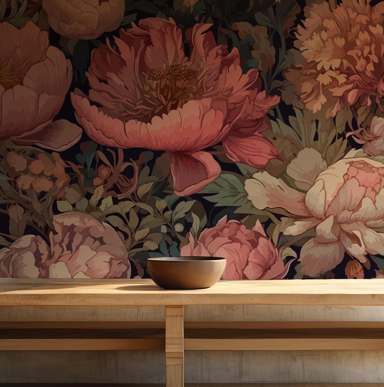 Botanical Floral Peonies Wallpaper - Temporary Peel and Stick Wall Mural - Art Lush Pastel Vintage BV345