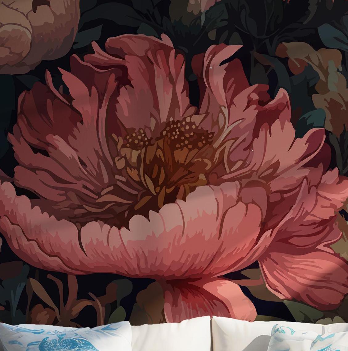 Botanical Floral Peonies Wallpaper - Temporary Peel and Stick Wall Mural - Art Lush Pastel Vintage BV345