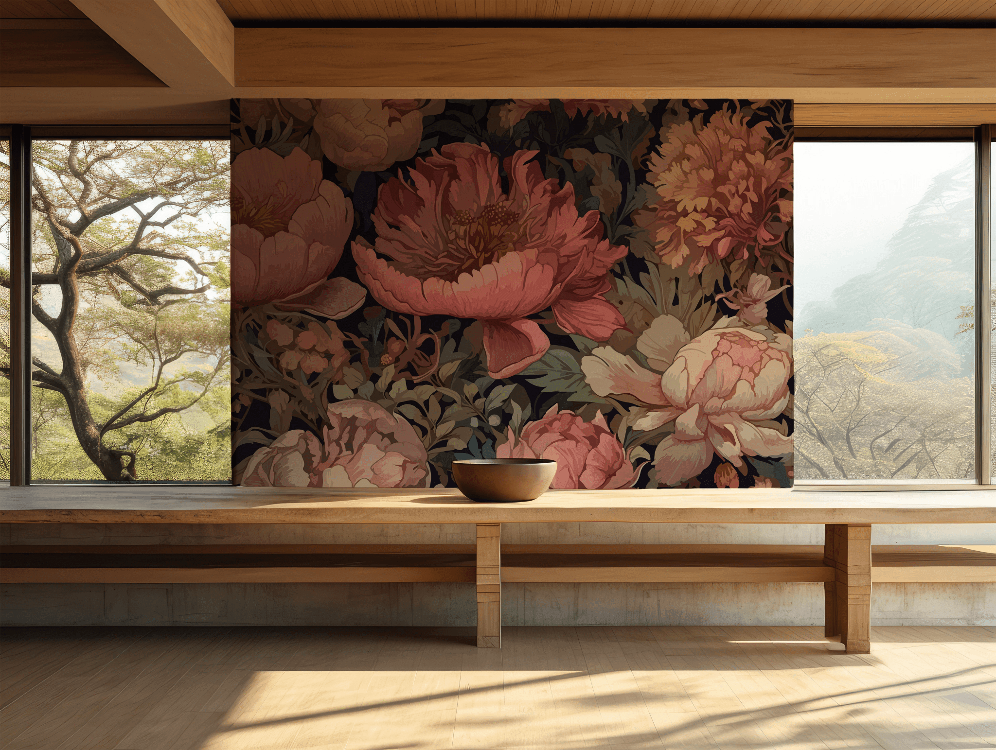 Botanical Floral Peonies Wallpaper - Temporary Peel and Stick Wall Mural - Art Lush Pastel Vintage BV345