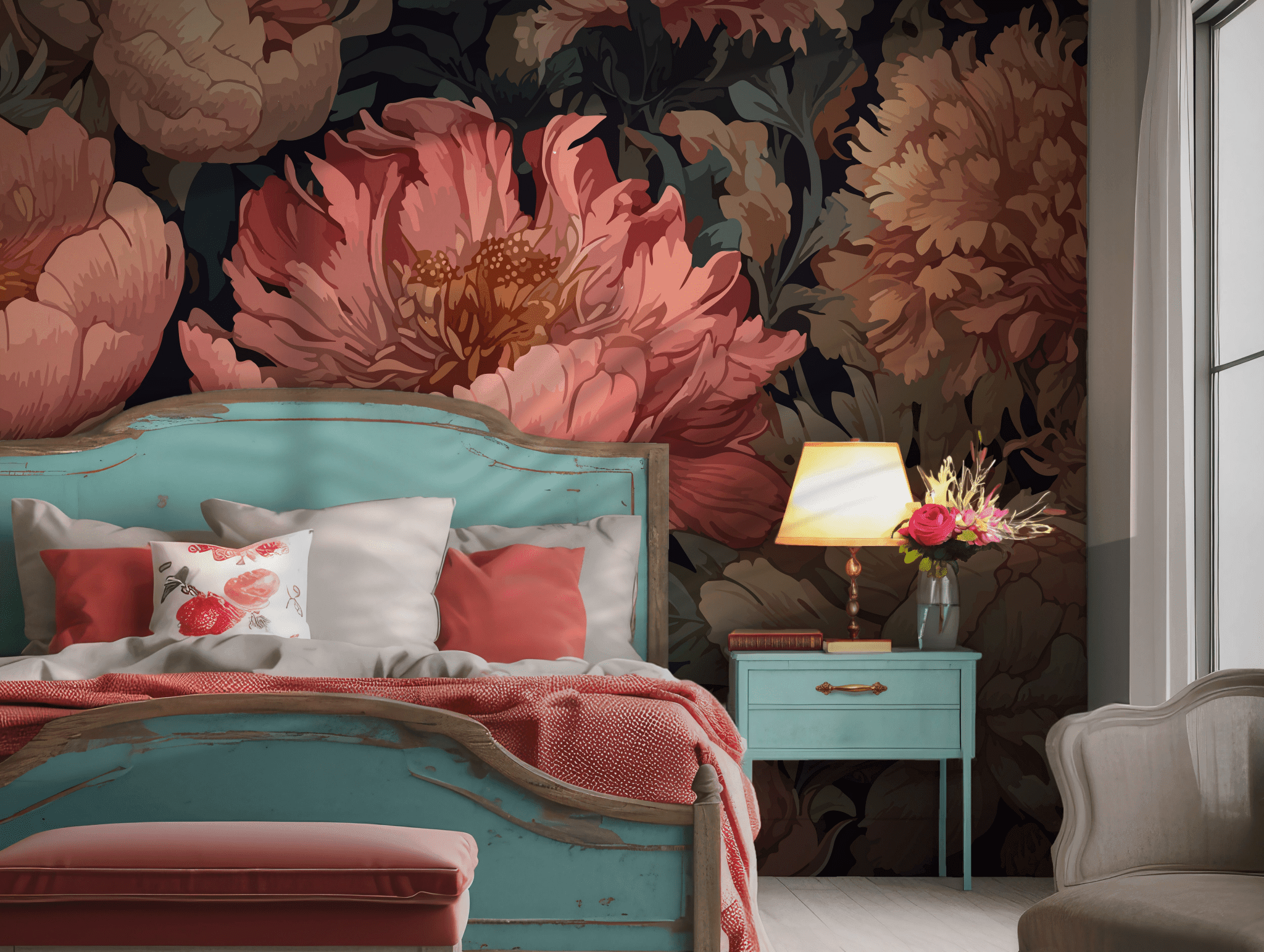 Botanical Floral Peonies Wallpaper - Temporary Peel and Stick Wall Mural - Art Lush Pastel Vintage BV345