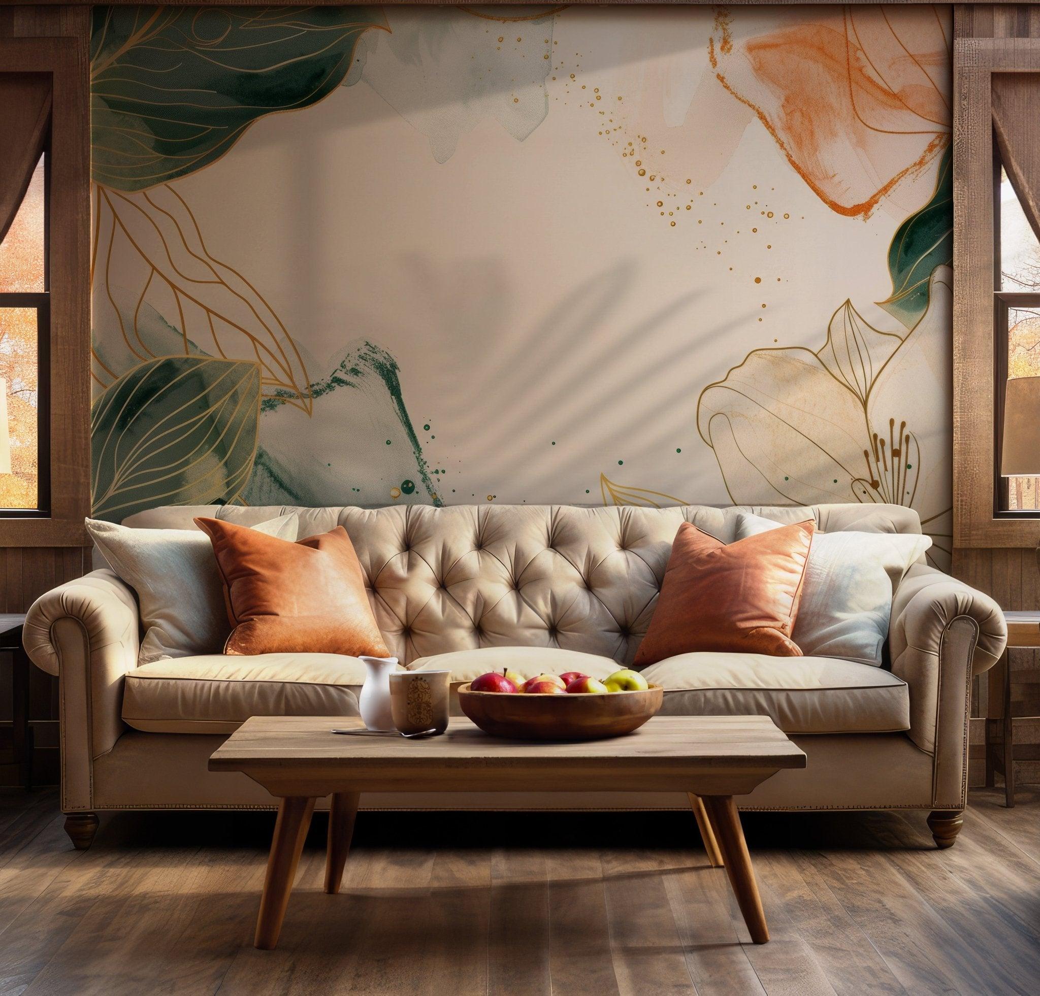 Elegant floral line art with green watercolor accents printed on peel and stick removable wallpaper ideal for modern interiors.
