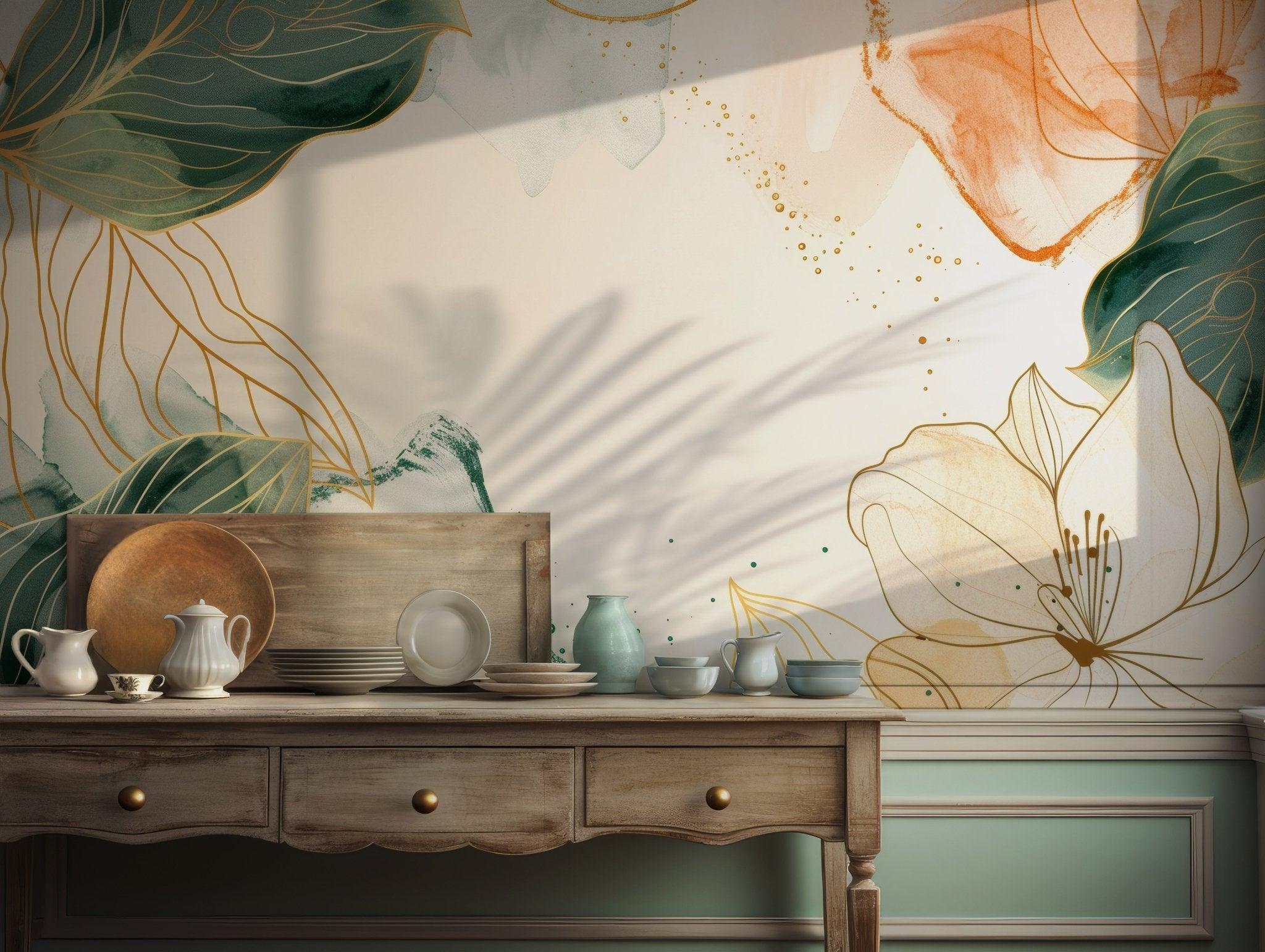 Botanical watercolor mural featuring green leaves and golden line art floral accents printed on removable wallpaper for easy wall styling.