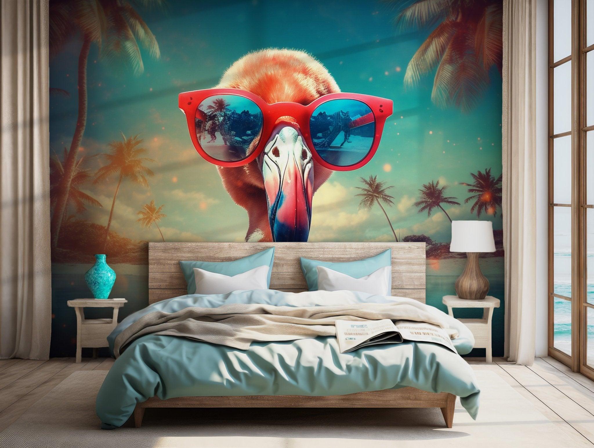 Bright Pink Flamingo Wallpaper - Painting Wall Mural Decor - Miami Tropical Beach Home Decor BV143