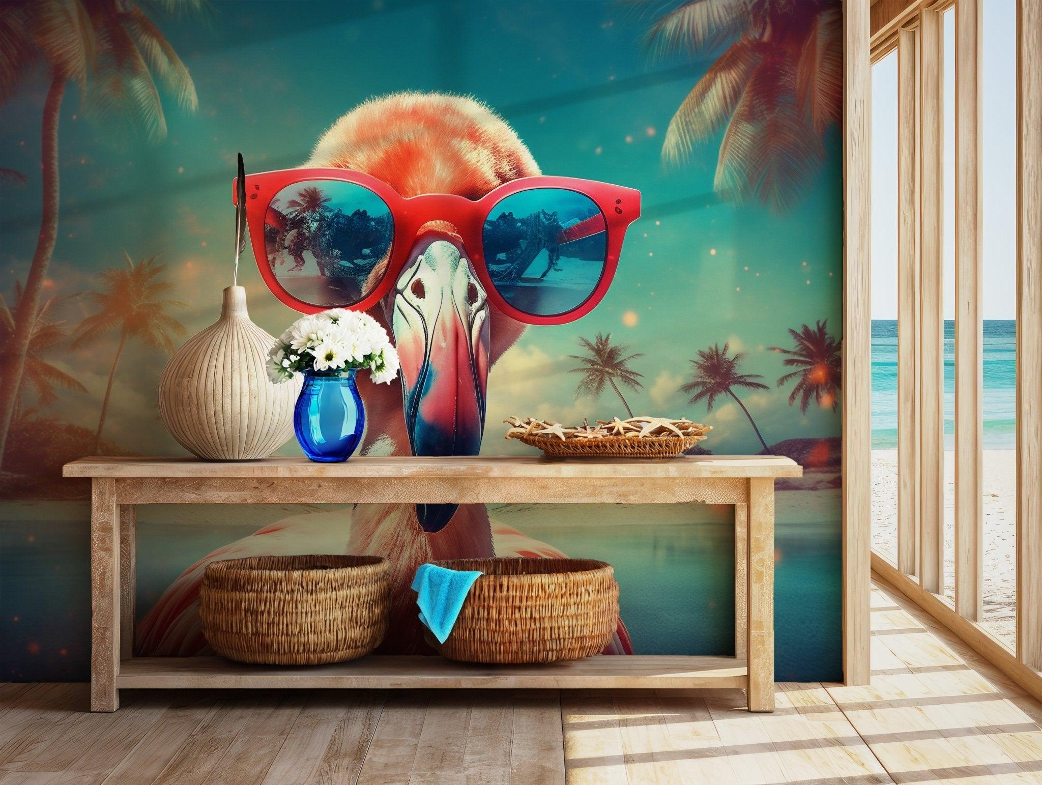 Bright Pink Flamingo Wallpaper - Painting Wall Mural Decor - Miami Tropical Beach Home Decor BV143