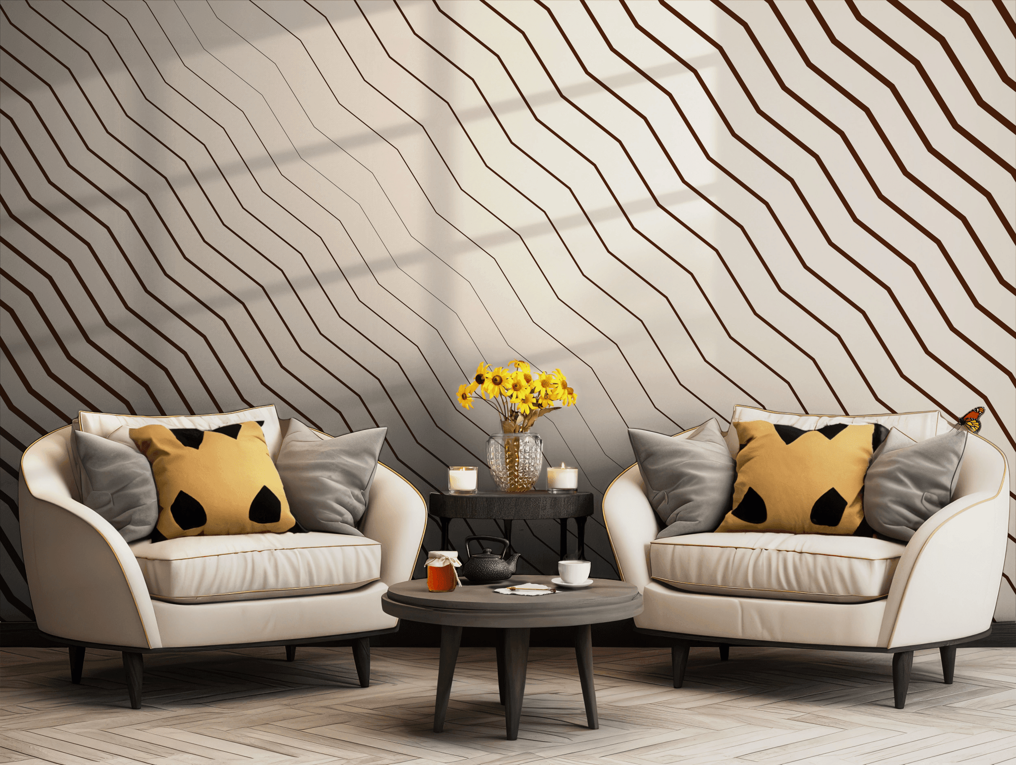 Brown and Beige Wavy Wall Mural - Peel and Stick Temporary Wallpaper - Line Geometric Flow Contemporary BV348