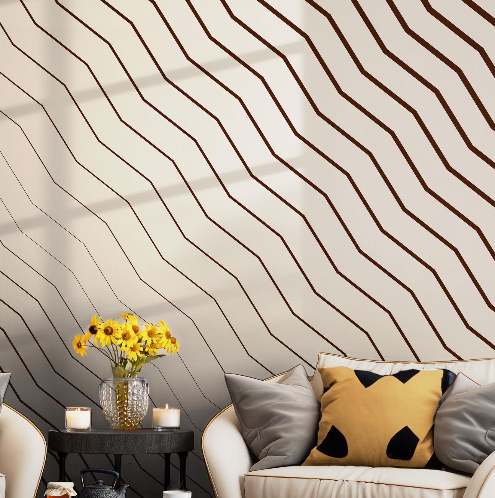 Brown and Beige Wavy Wall Mural - Peel and Stick Temporary Wallpaper - Line Geometric Flow Contemporary BV348