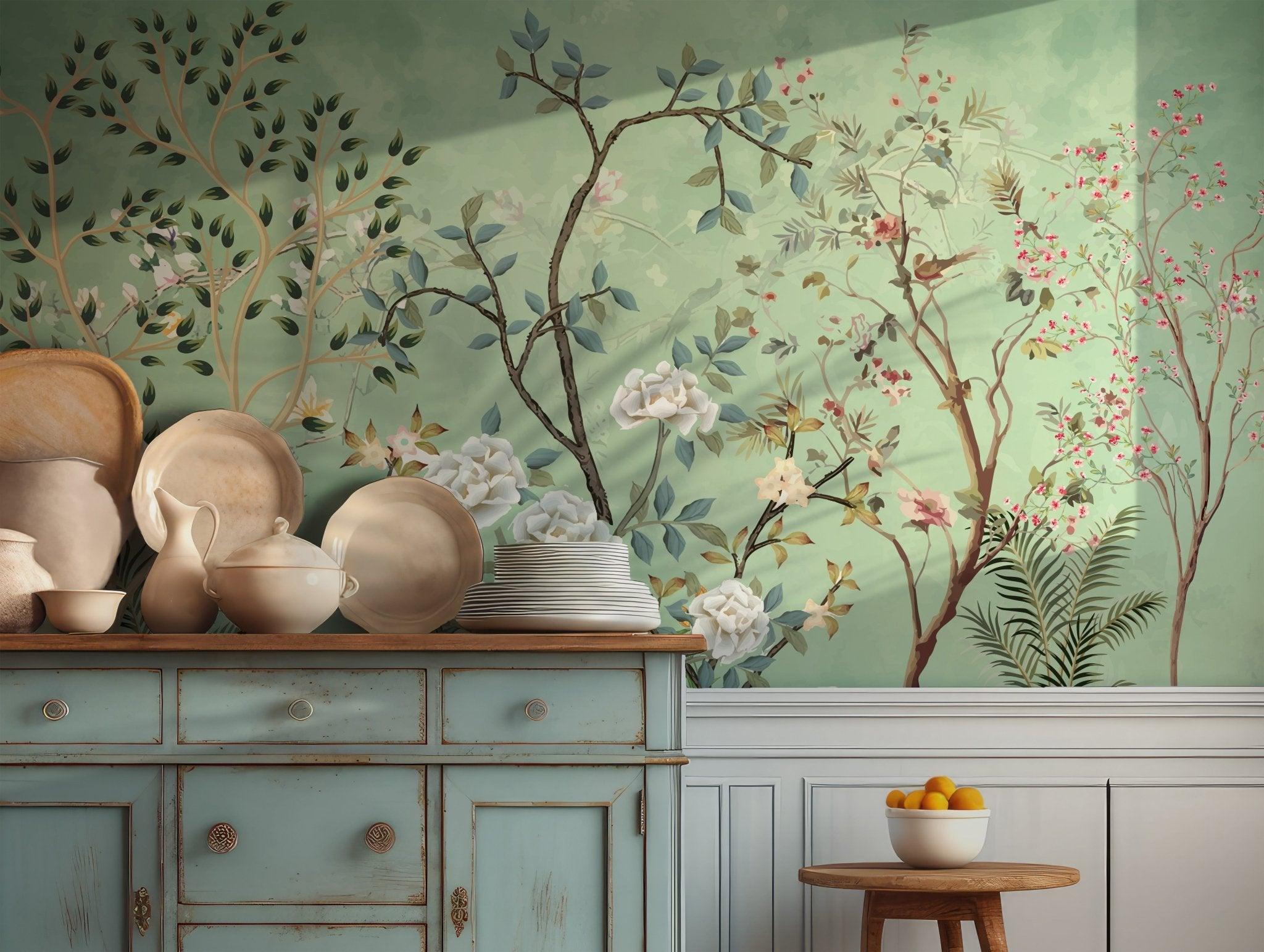 Chinoiserie Garden Wall Mural - Lark Manor Branches - Green Leaves Peel and Stick Wallpaper BV198