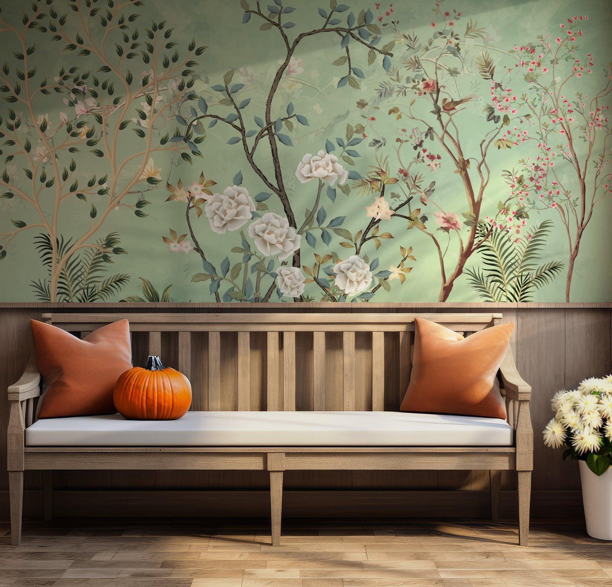 Chinoiserie Garden Wall Mural - Lark Manor Branches - Green Leaves Peel and Stick Wallpaper BV198