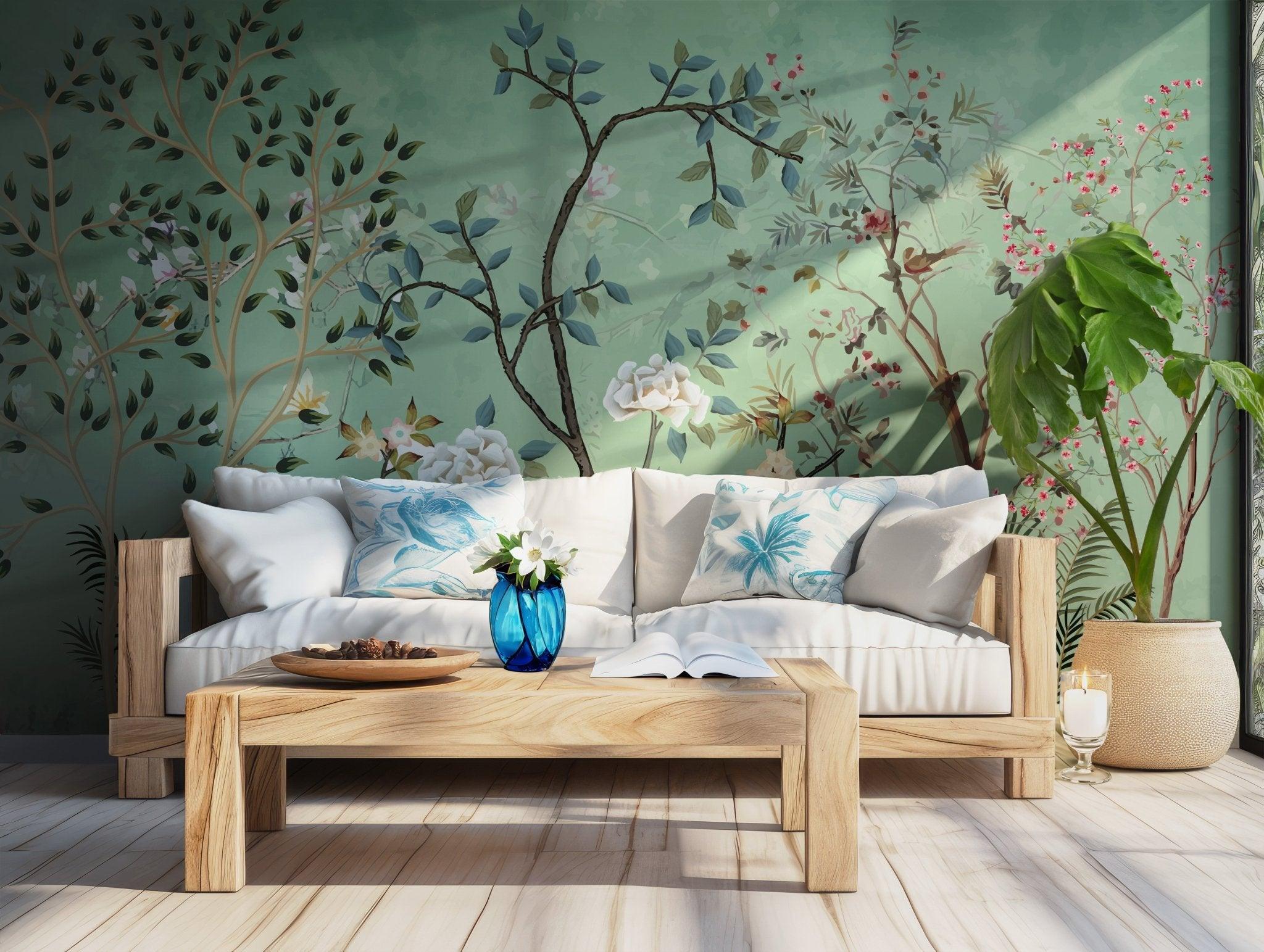 Chinoiserie Garden Wall Mural - Lark Manor Branches - Green Leaves Peel and Stick Wallpaper BV198