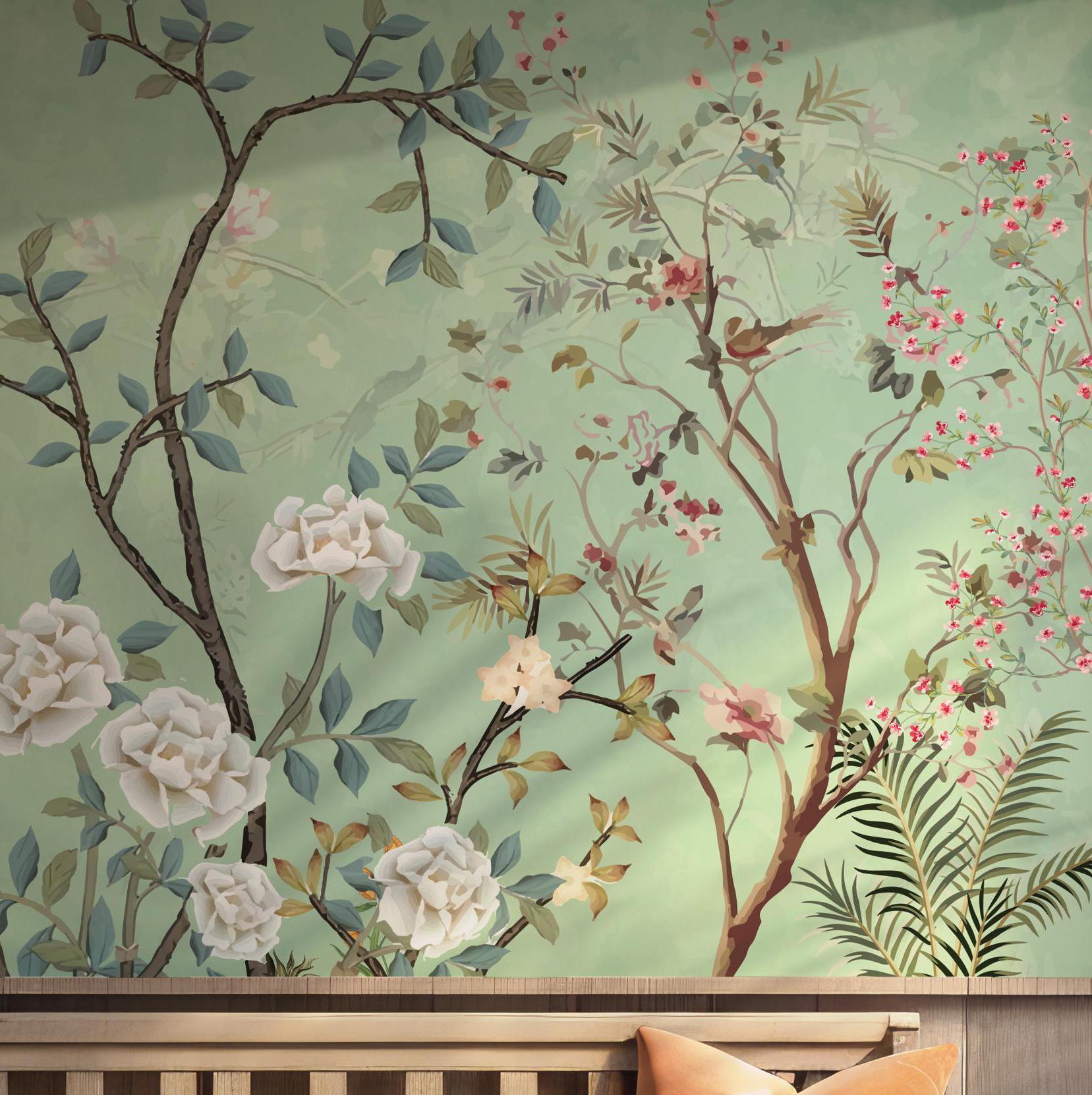 Chinoiserie Garden Wall Mural - Lark Manor Branches - Green Leaves Peel and Stick Wallpaper BV198
