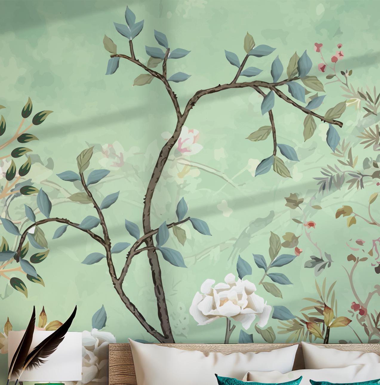 Chinoiserie Garden Wall Mural - Lark Manor Branches - Green Leaves Peel and Stick Wallpaper BV198
