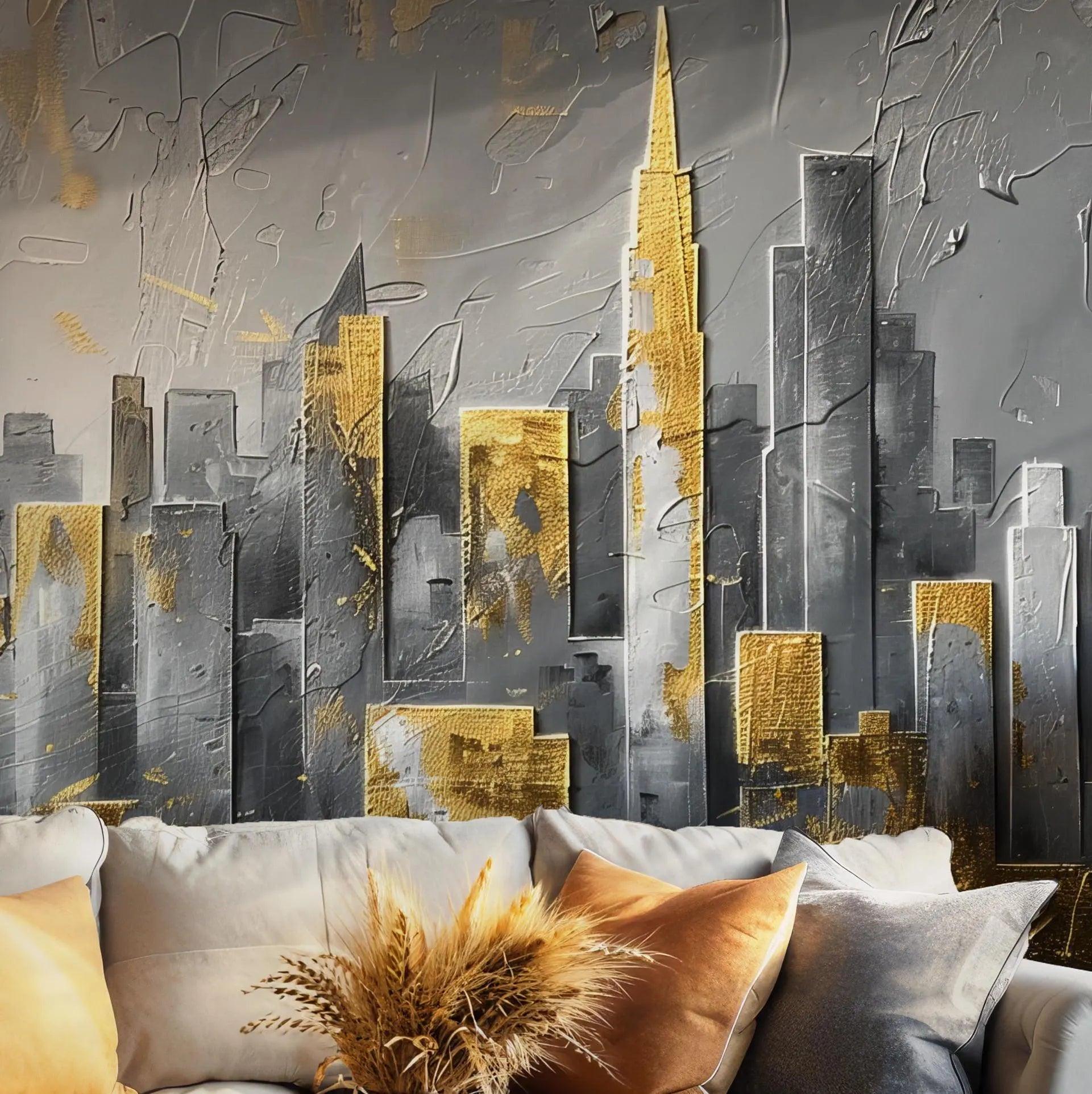 City Gold Silver Wallpaper - Self Adhesive Peel and Stick Wall Mural - Urbana City Fine Art Canvas Watercolor BV207
