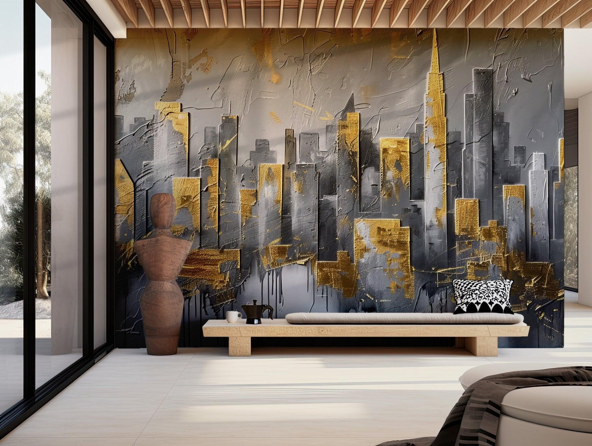 City Gold Silver Wallpaper - Self Adhesive Peel and Stick Wall Mural - Urbana City Fine Art Canvas Watercolor BV207