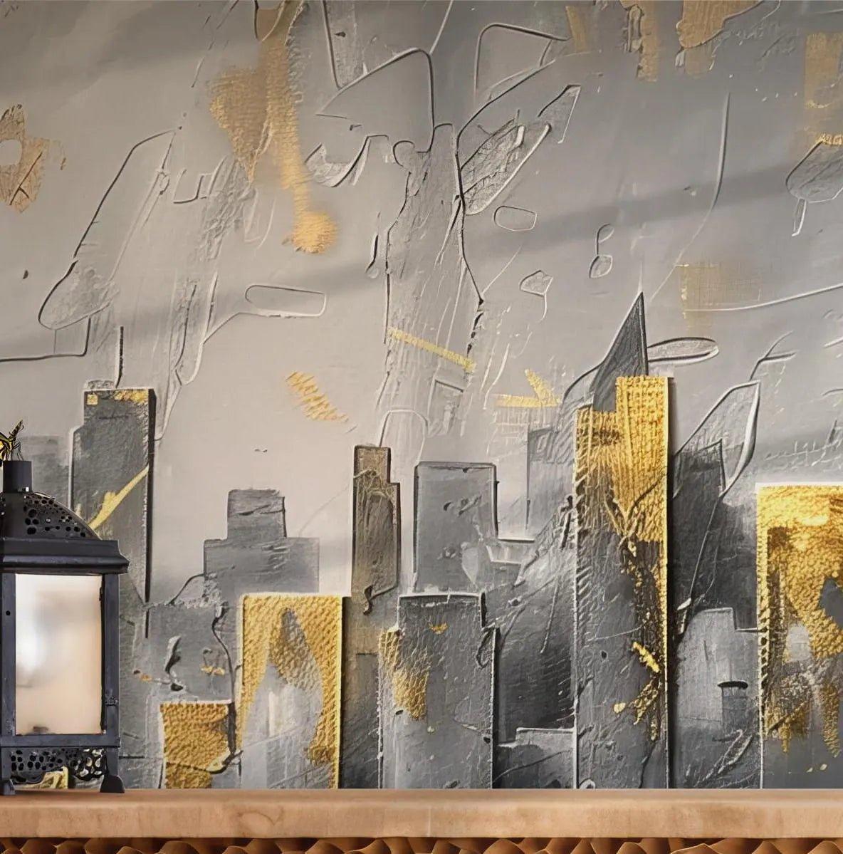 City Gold Silver Wallpaper - Self Adhesive Peel and Stick Wall Mural - Urbana City Fine Art Canvas Watercolor BV207