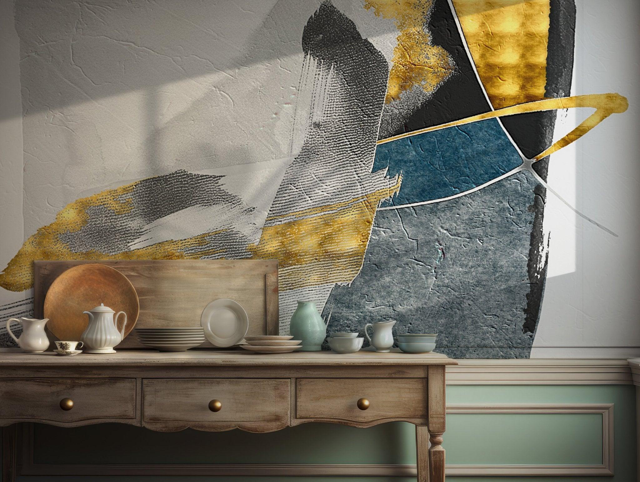 City Plastic Art Wallpaper - Peel and Stick Wall Mural - Bold Brushstrokes Blue Gold Black Grey BV199