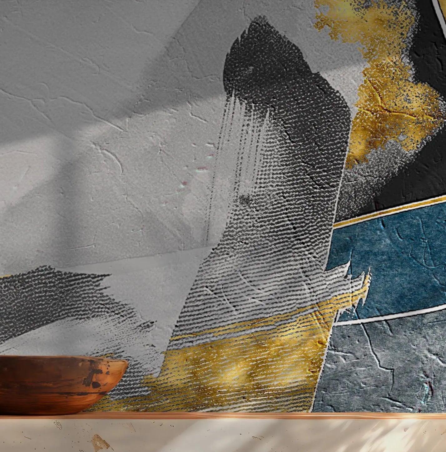 City Plastic Art Wallpaper - Peel and Stick Wall Mural - Bold Brushstrokes Blue Gold Black Grey BV199